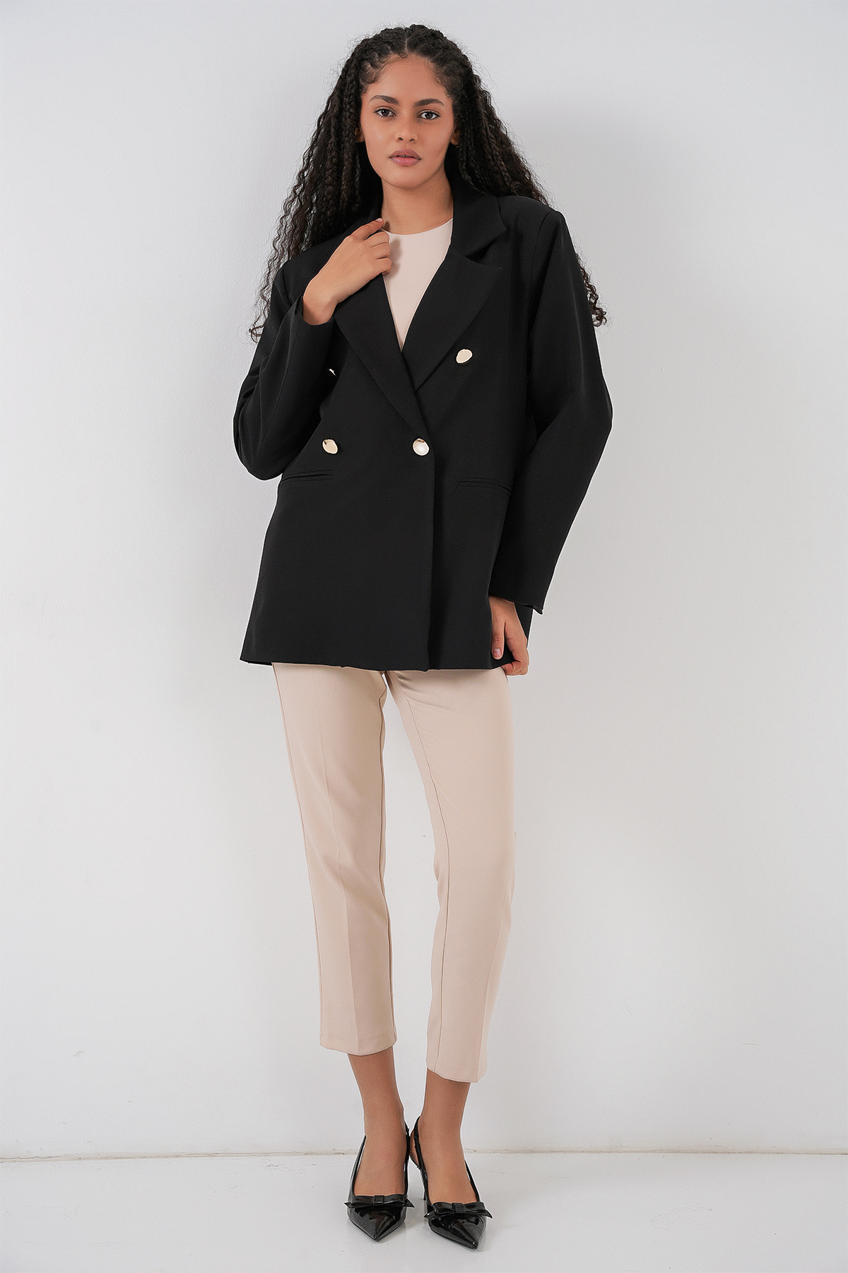 Kadın Kruvaze Yaka Blazer Ceket 0722 - Siyah