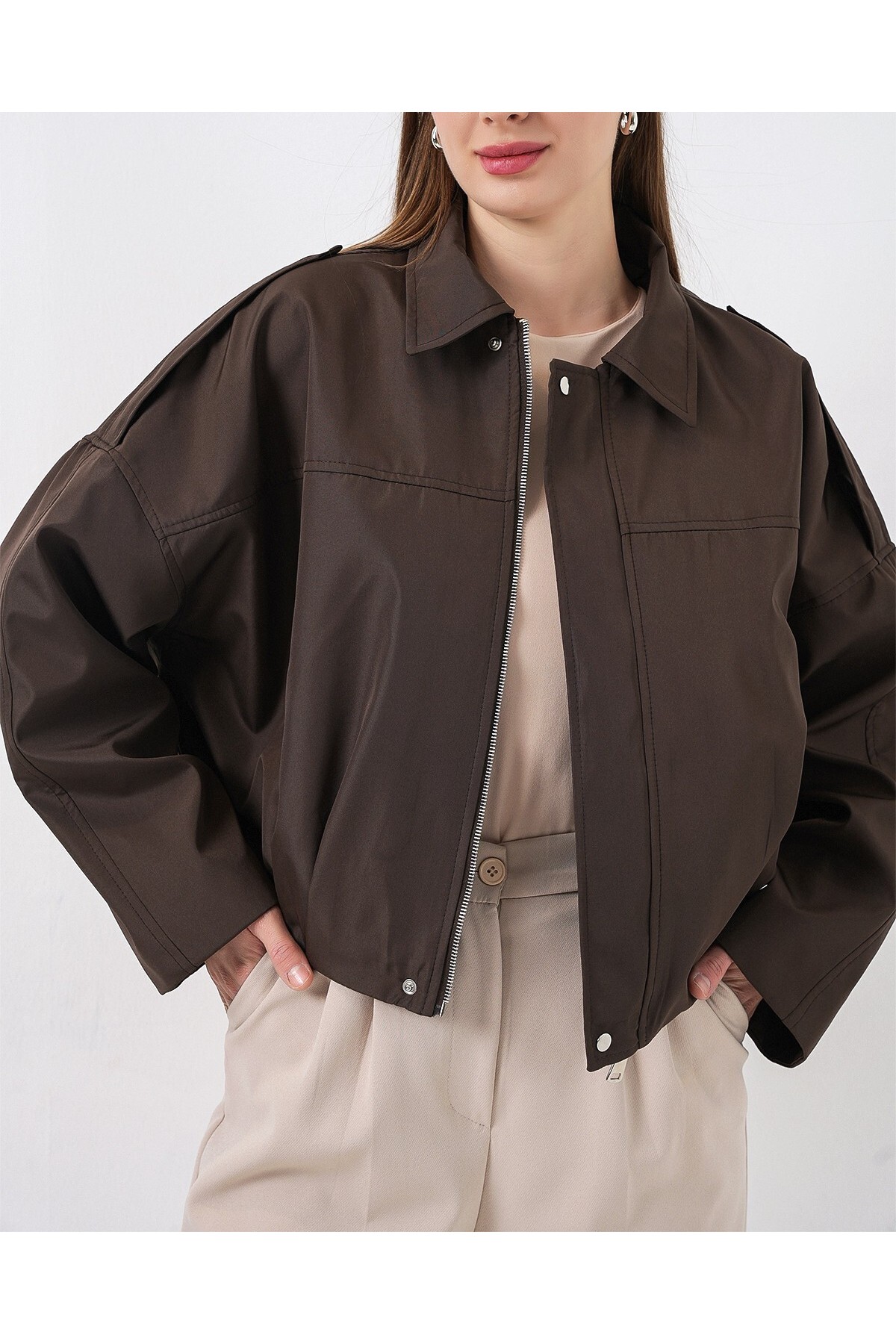 Kadın Oversize Kısa Ceket 0732 - Kahverengi