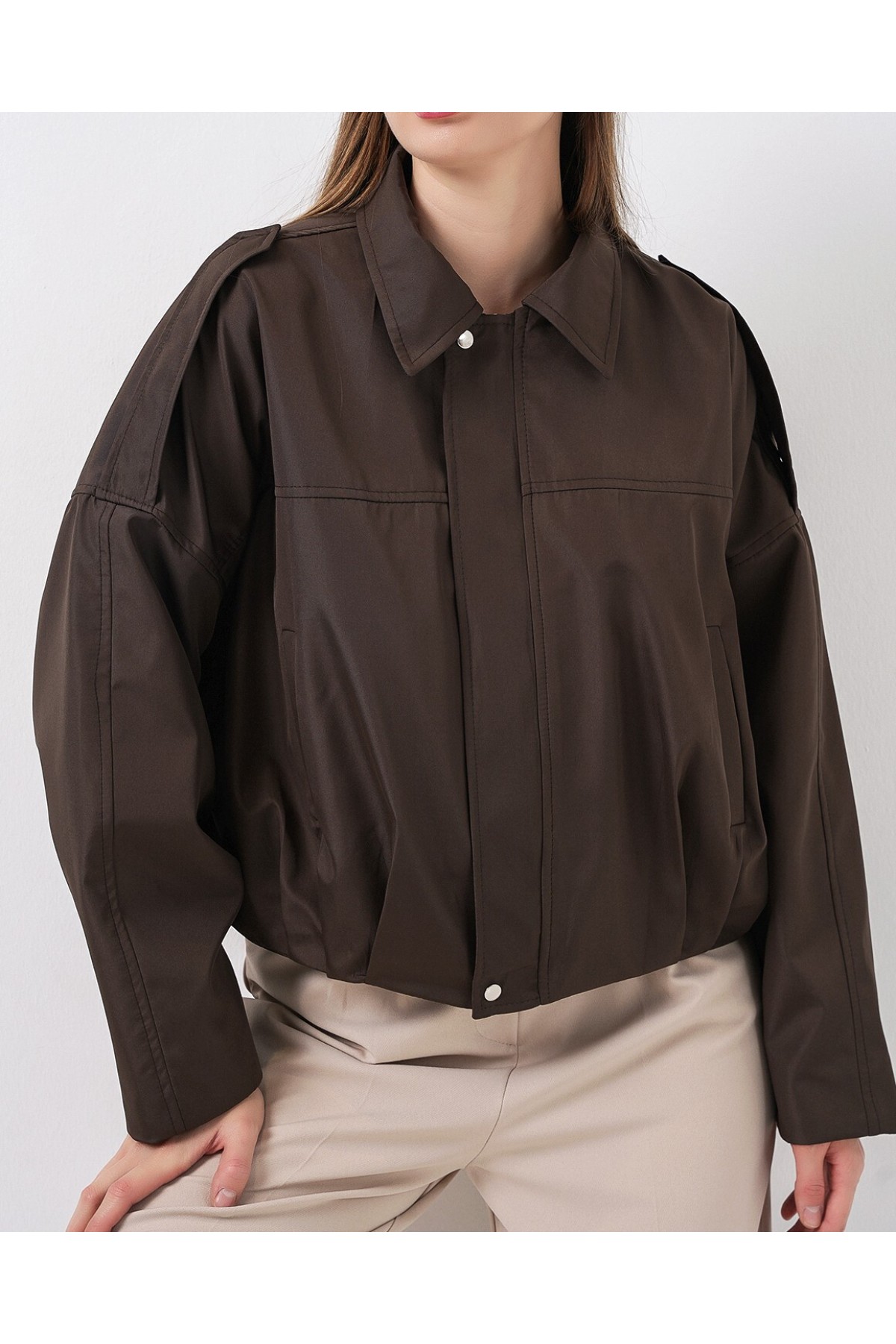 Kadın Oversize Kısa Ceket 0732 - Kahverengi