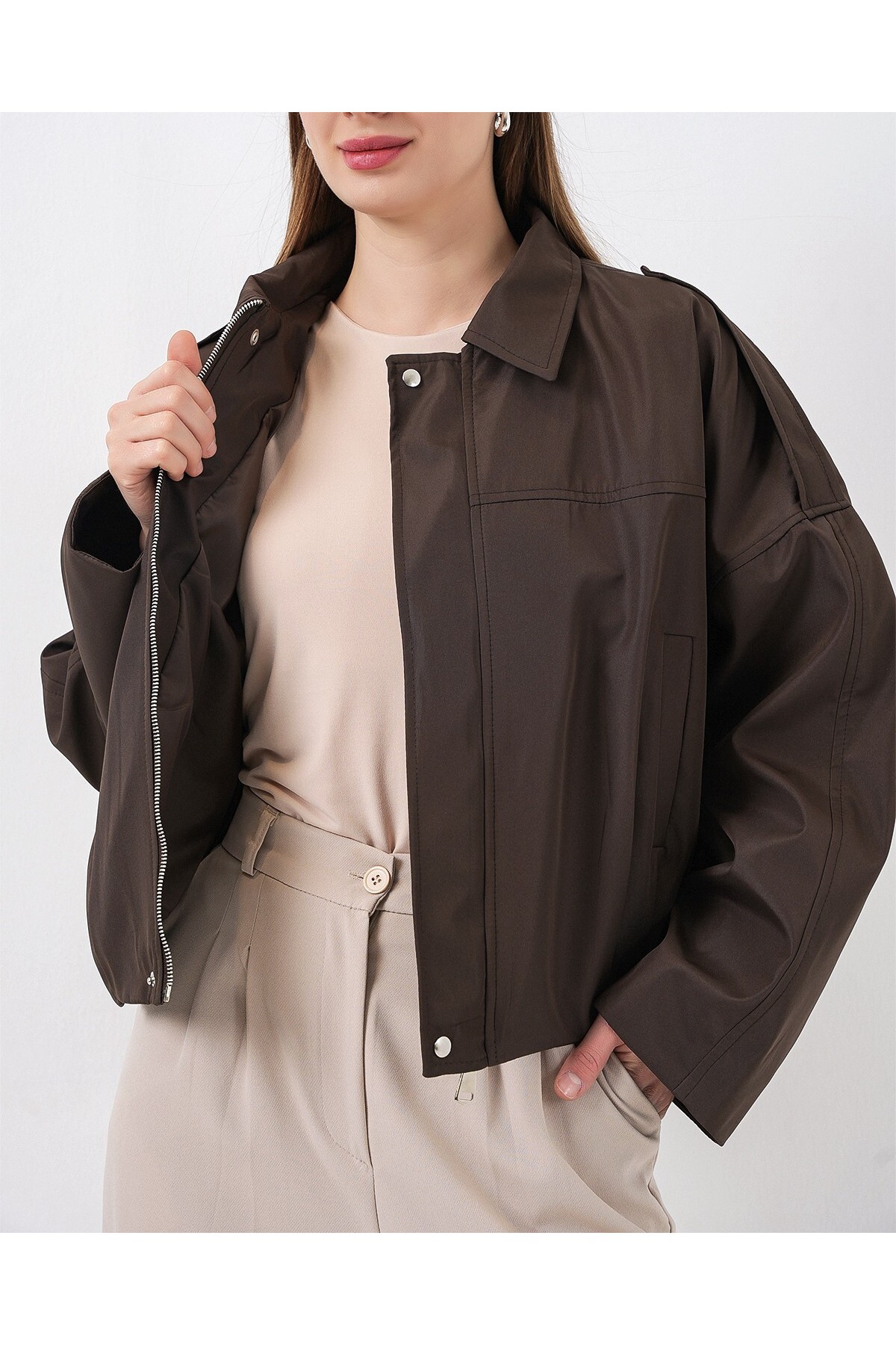 Kadın Oversize Kısa Ceket 0732 - Kahverengi