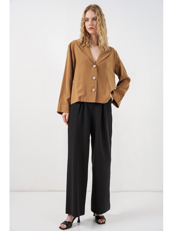 Kadın Kruvaze Yaka Oversize Ceket 0747 - Camel