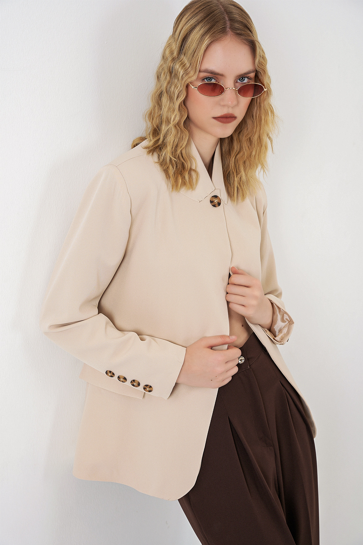 Kadın Tek Düğmeli Oversize Blazer Ceket 0749 - Bej