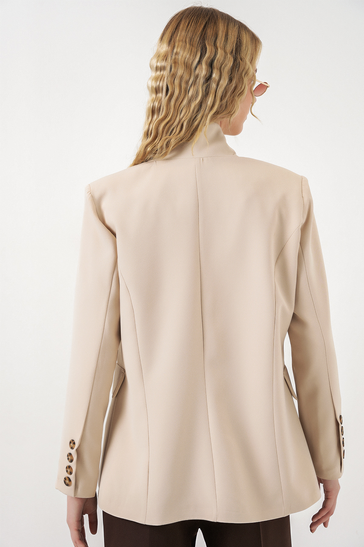 Kadın Tek Düğmeli Oversize Blazer Ceket 0749 - Bej