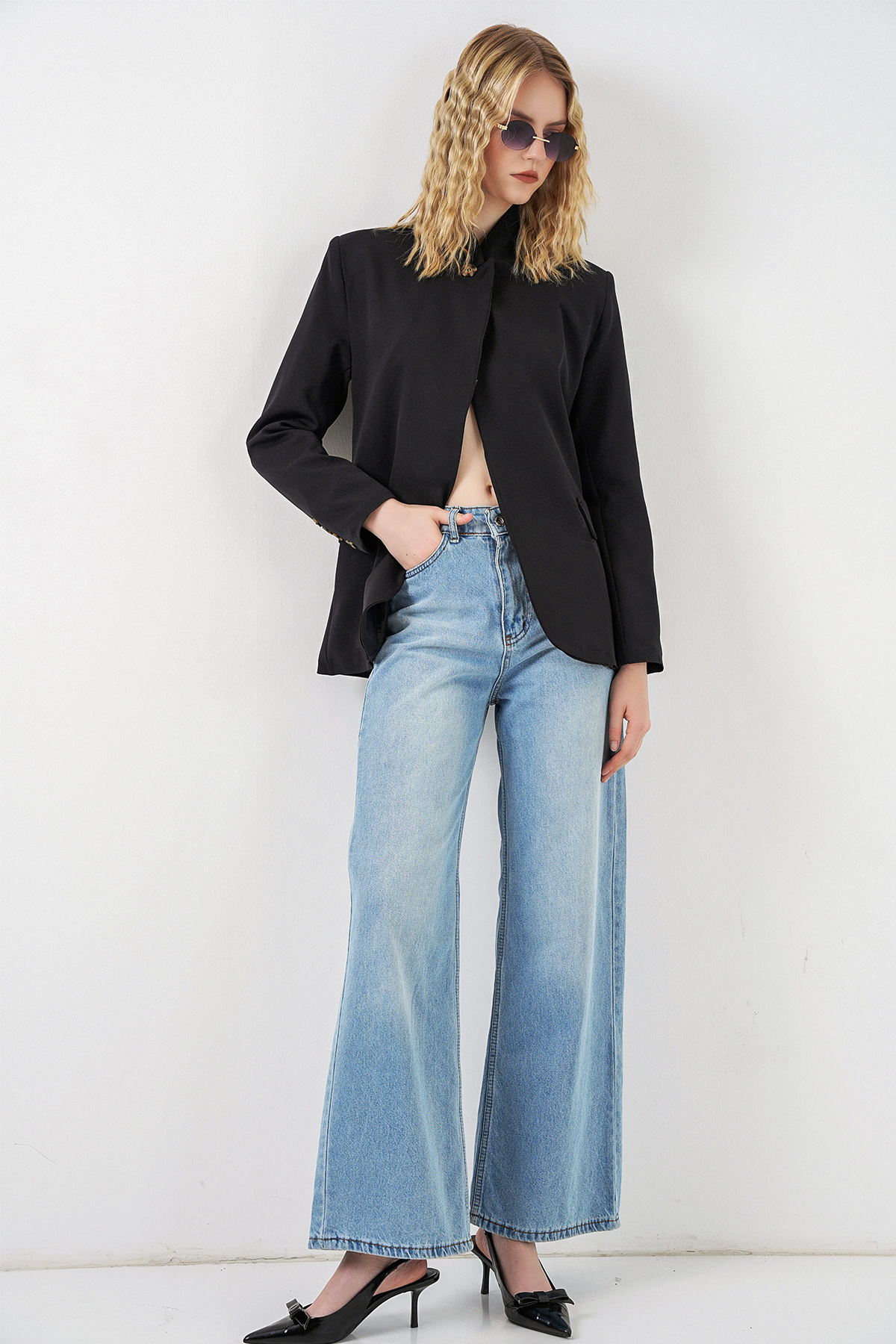 Kadın Tek Düğmeli Oversize Blazer Ceket 0749 - Siyah