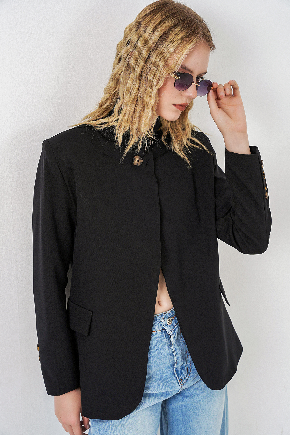 Kadın Tek Düğmeli Oversize Blazer Ceket 0749 - Siyah