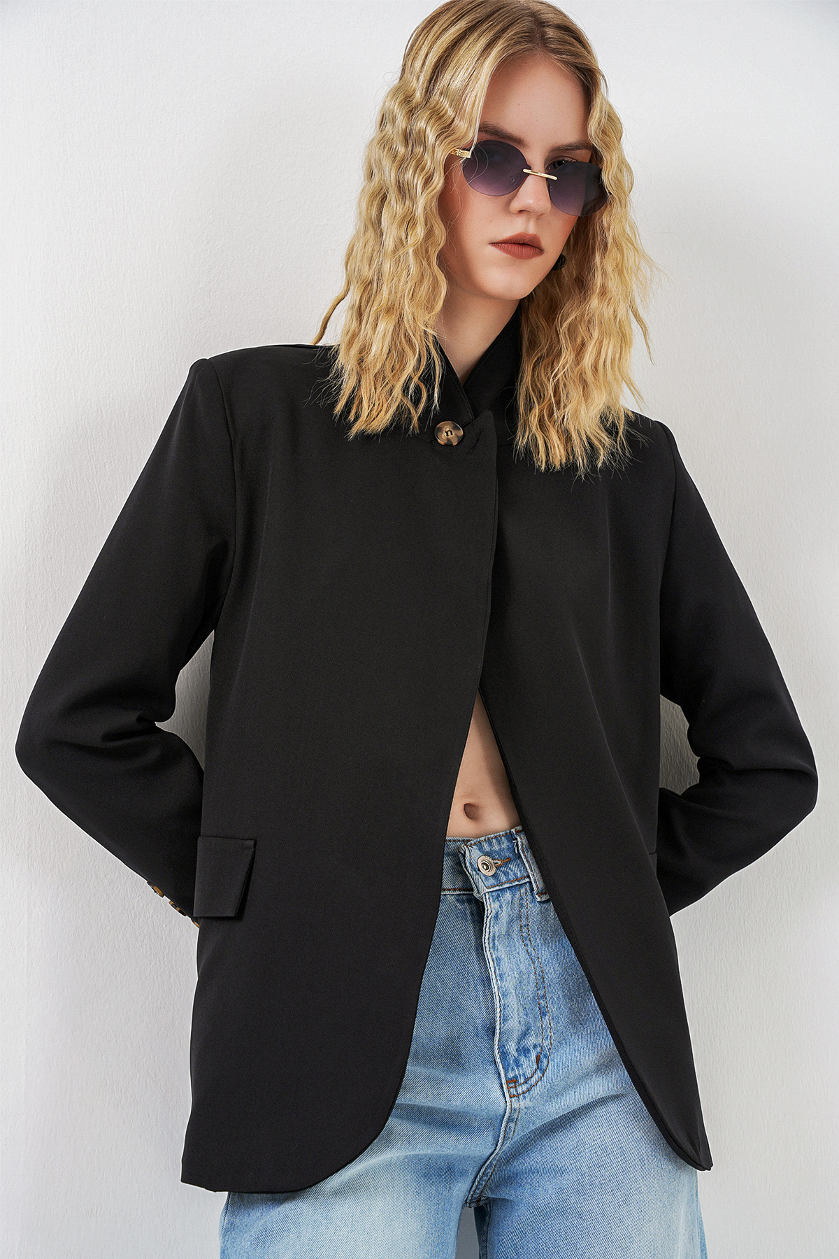 Kadın Tek Düğmeli Oversize Blazer Ceket 0749 - Siyah