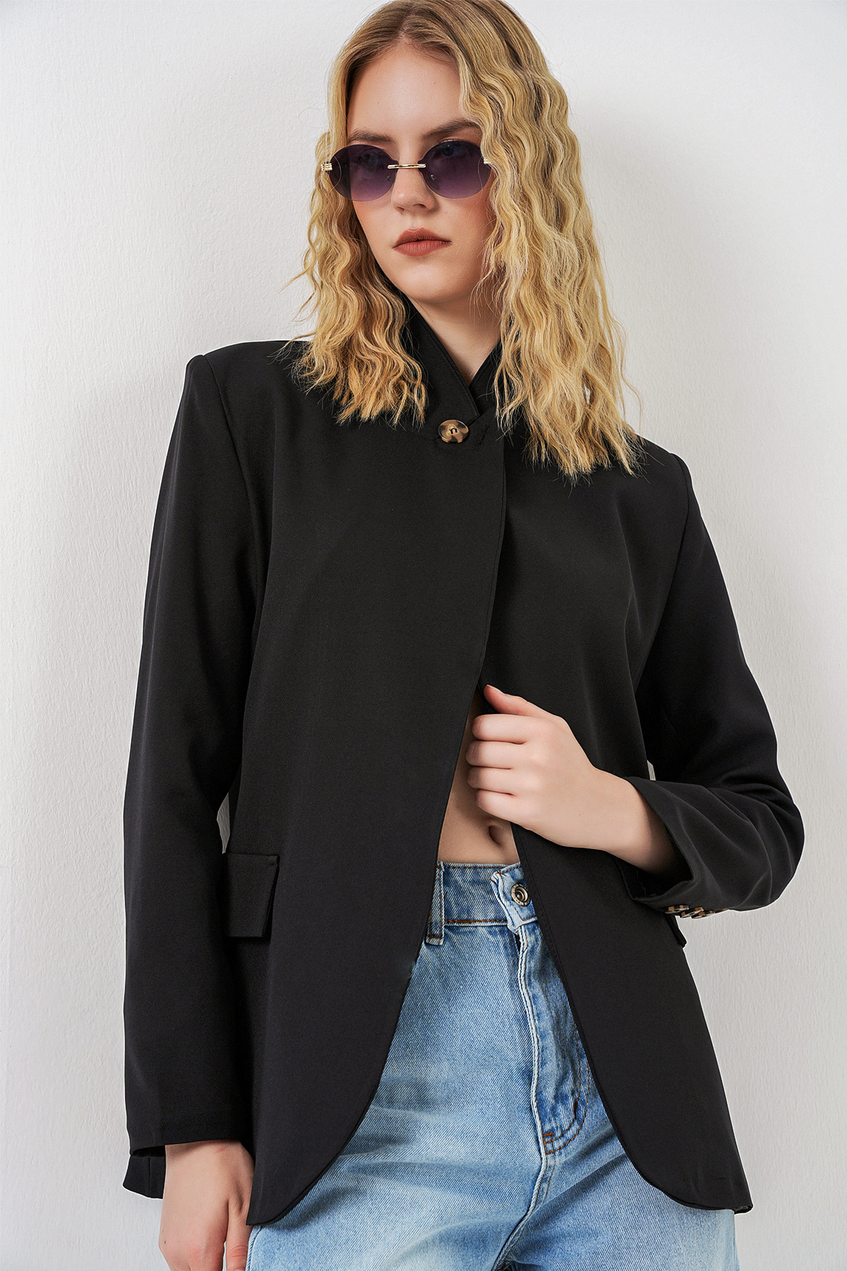Kadın Tek Düğmeli Oversize Blazer Ceket 0749 - Siyah