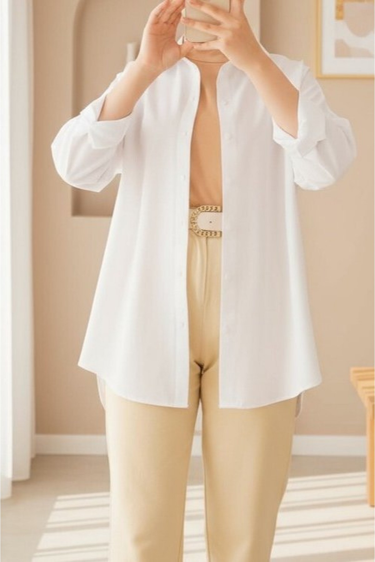 103901 Oversize Basic Tesettür Gömlek - Beyaz