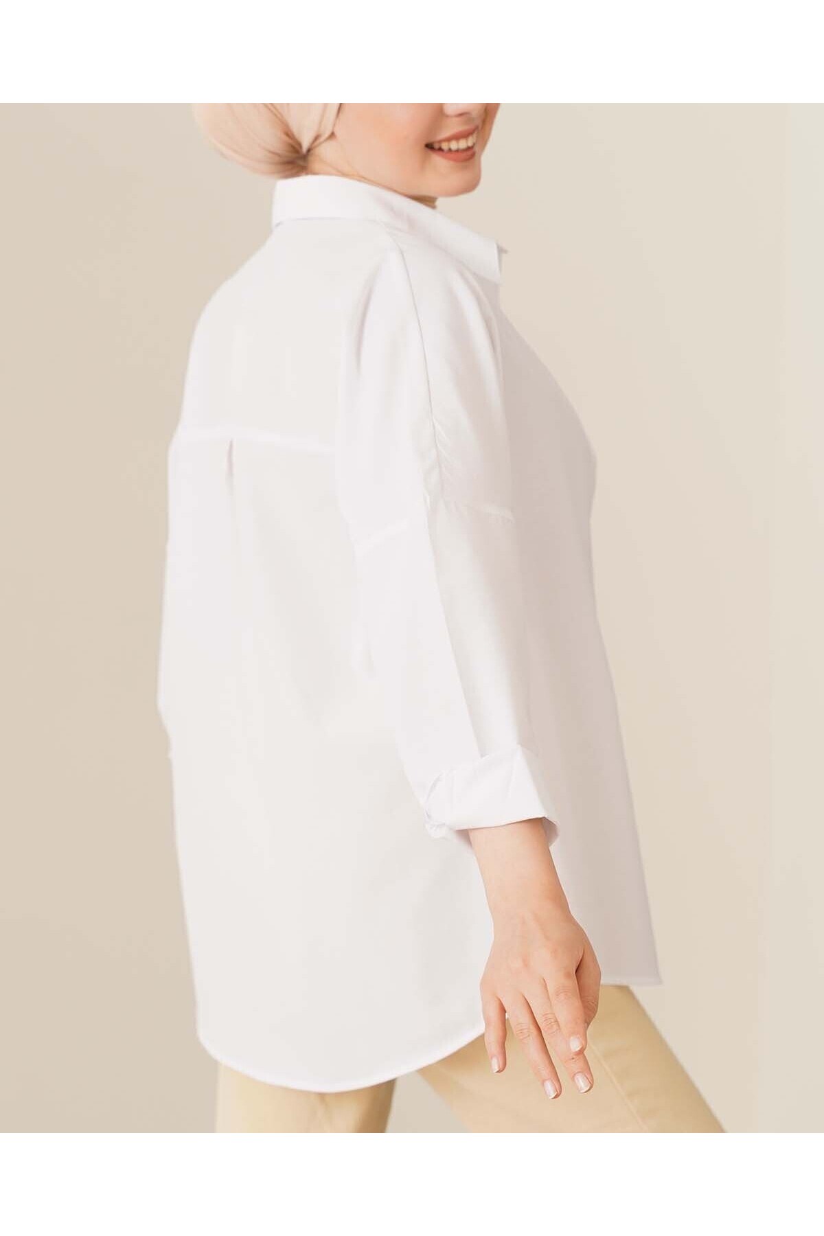 103901 Oversize Basic Tesettür Gömlek - Beyaz