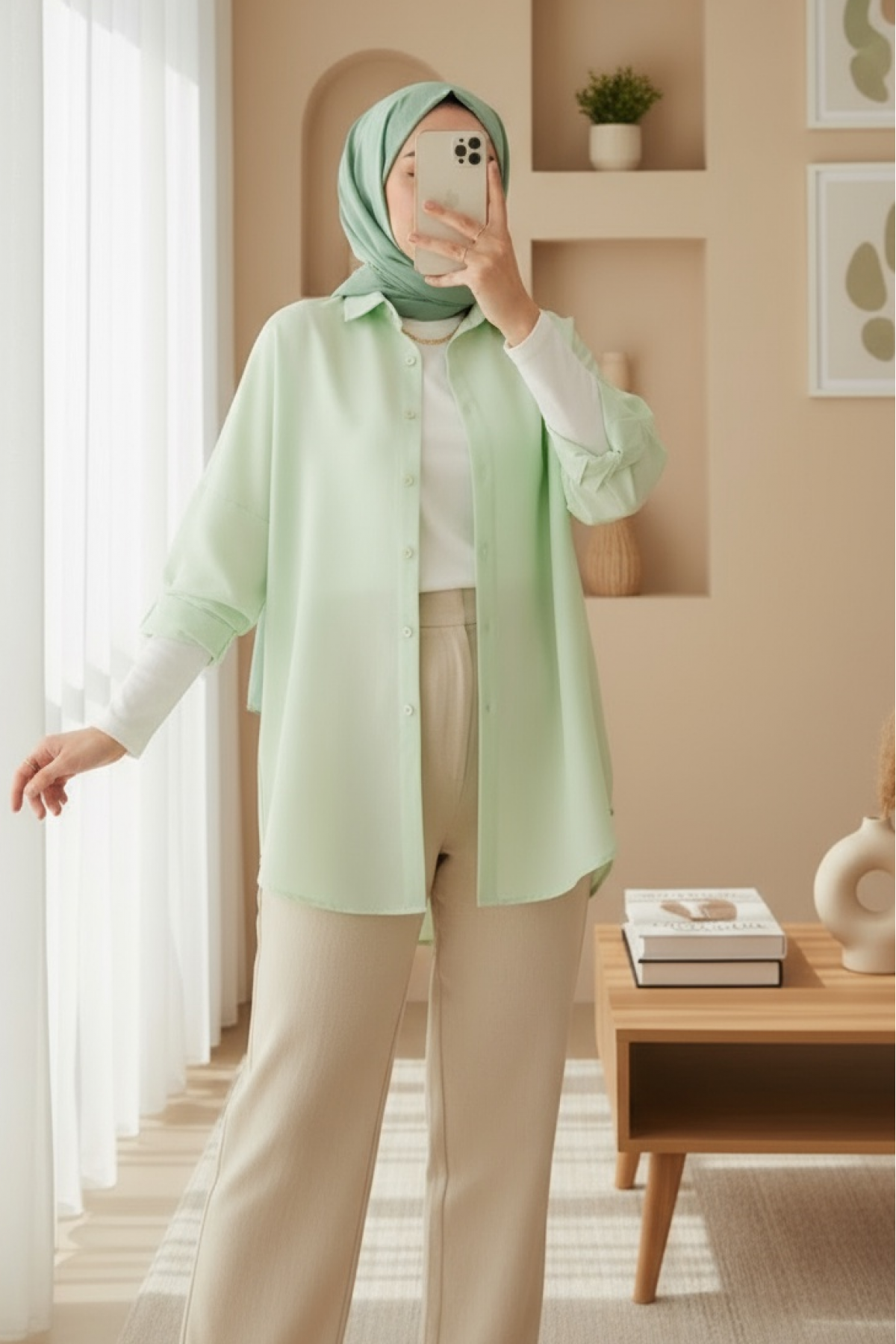 103901 Oversize Basic Tesettür Gömlek - E.Yeşil