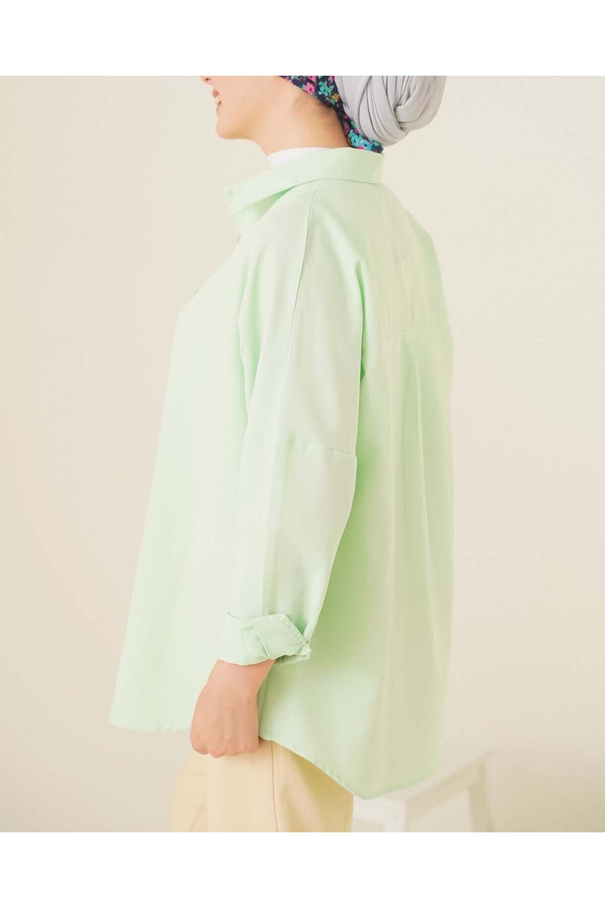 103901 Oversize Basic Tesettür Gömlek - E.Yeşil
