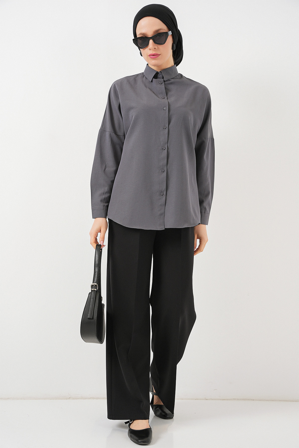 103901 Oversize Basic Tesettür Gömlek - Gri