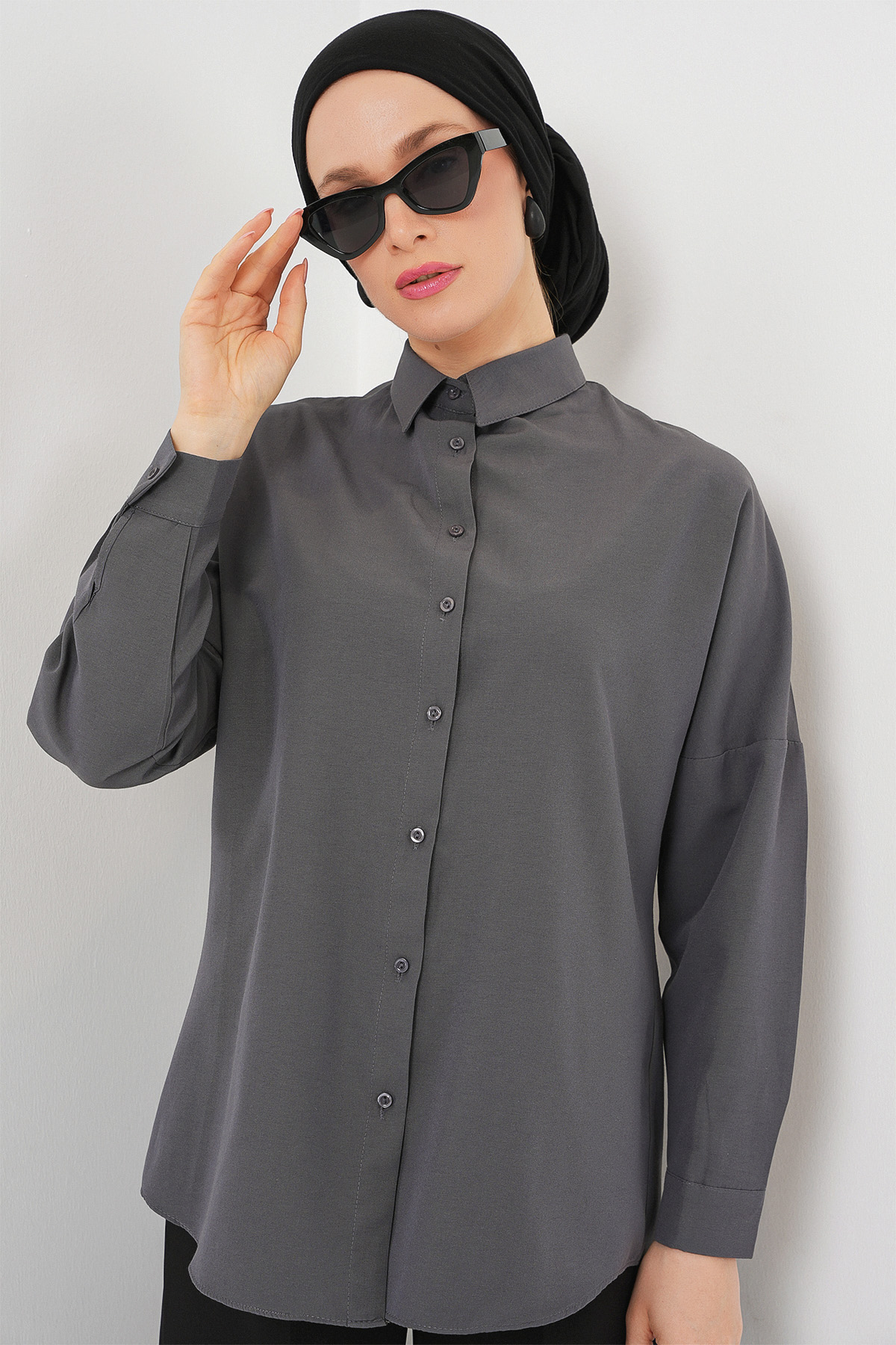 103901 Oversize Basic Tesettür Gömlek - Gri