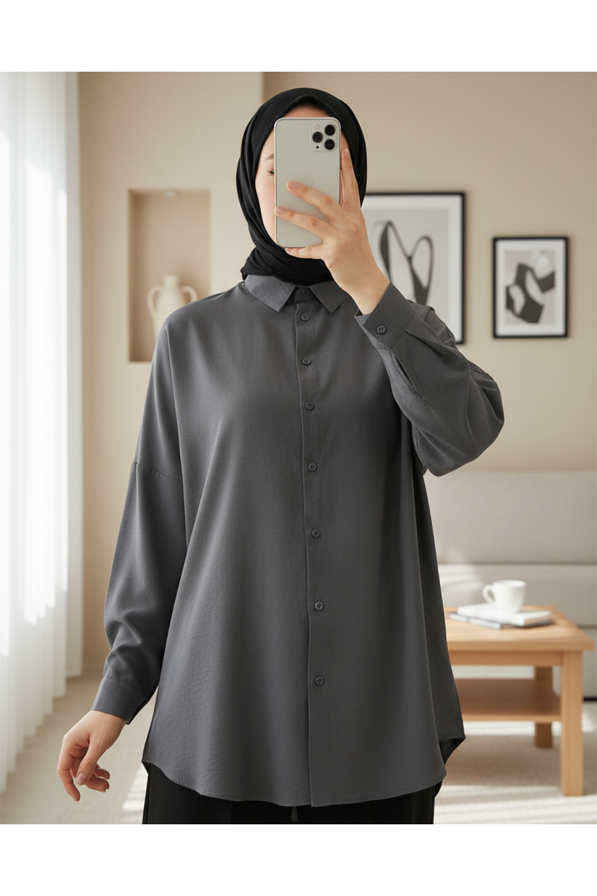 103901 Oversize Basic Tesettür Gömlek - Gri