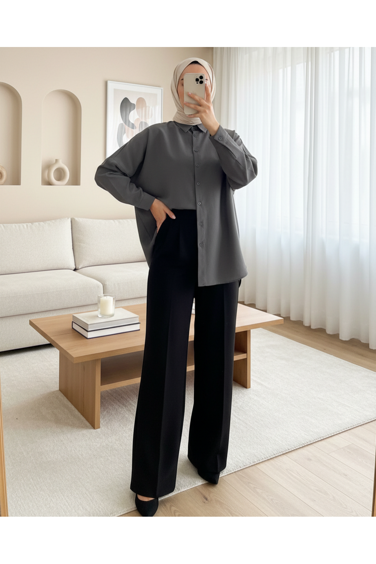 103901 Oversize Basic Tesettür Gömlek - Gri