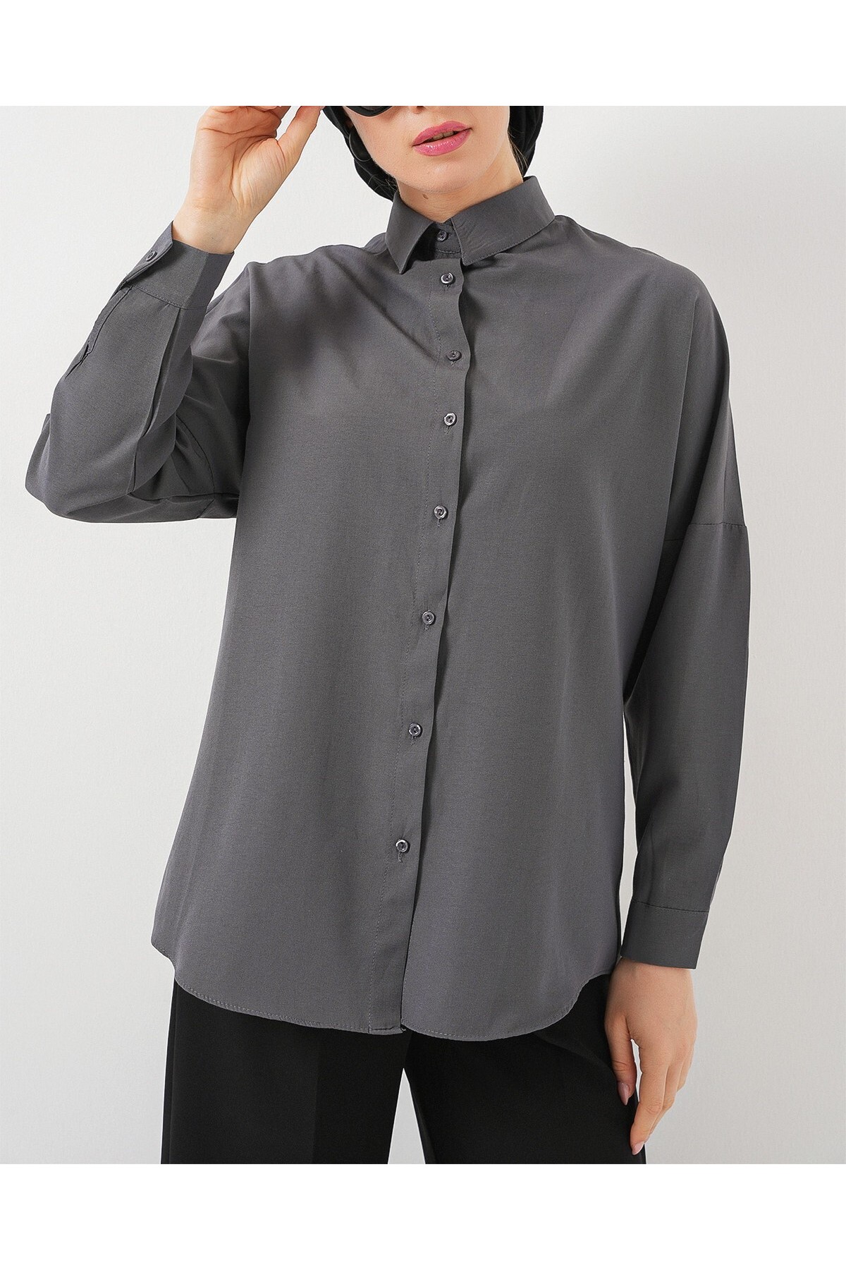 103901 Oversize Basic Tesettür Gömlek - Gri