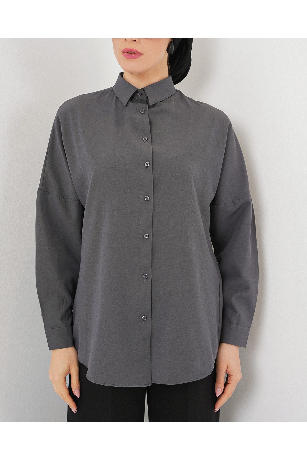 103901 Oversize Basic Tesettür Gömlek - Gri