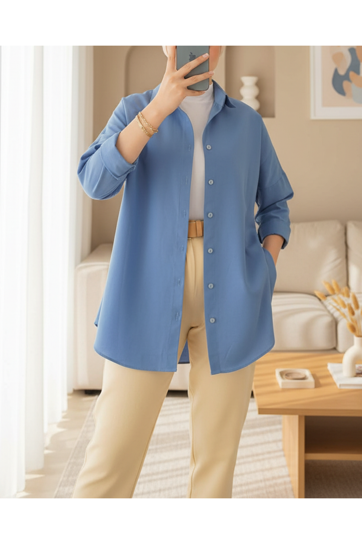 103901 Oversize Basic Tesettür Gömlek - İndigo
