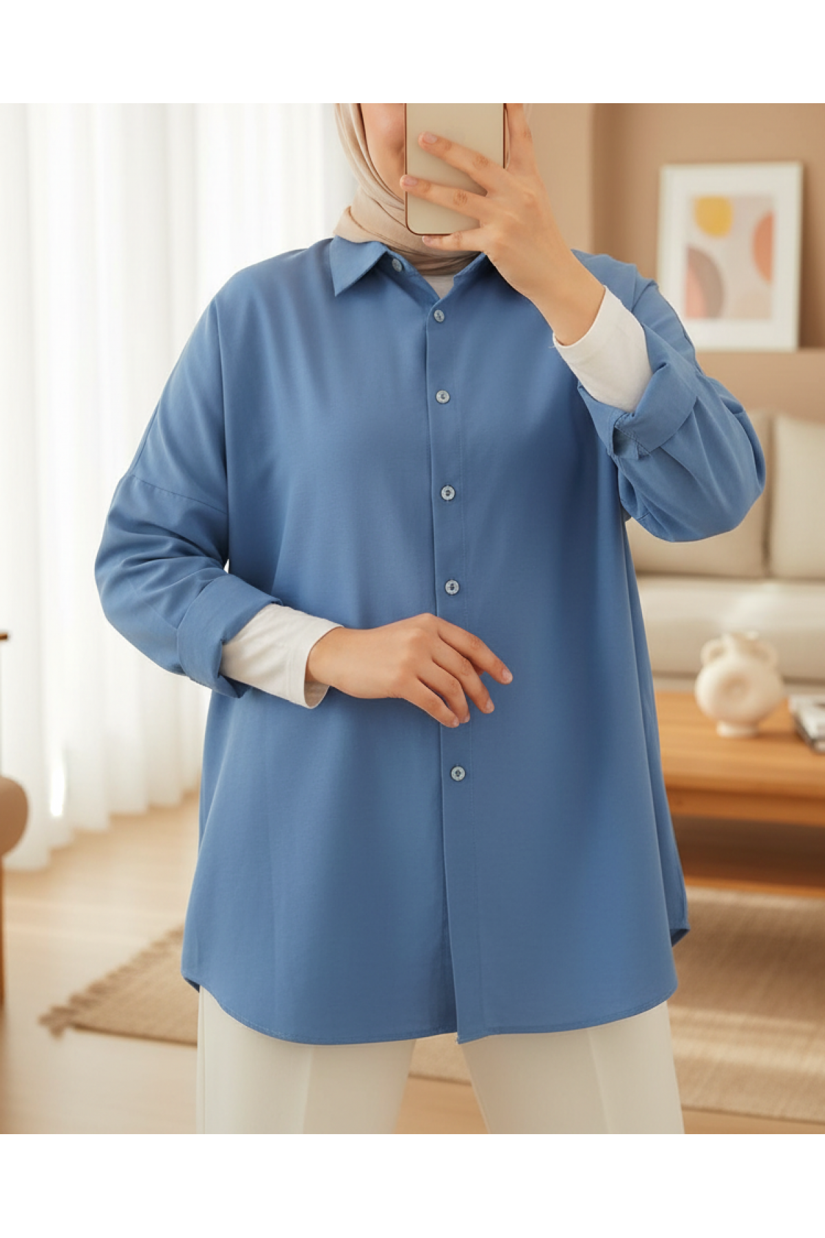 103901 Oversize Basic Tesettür Gömlek - İndigo