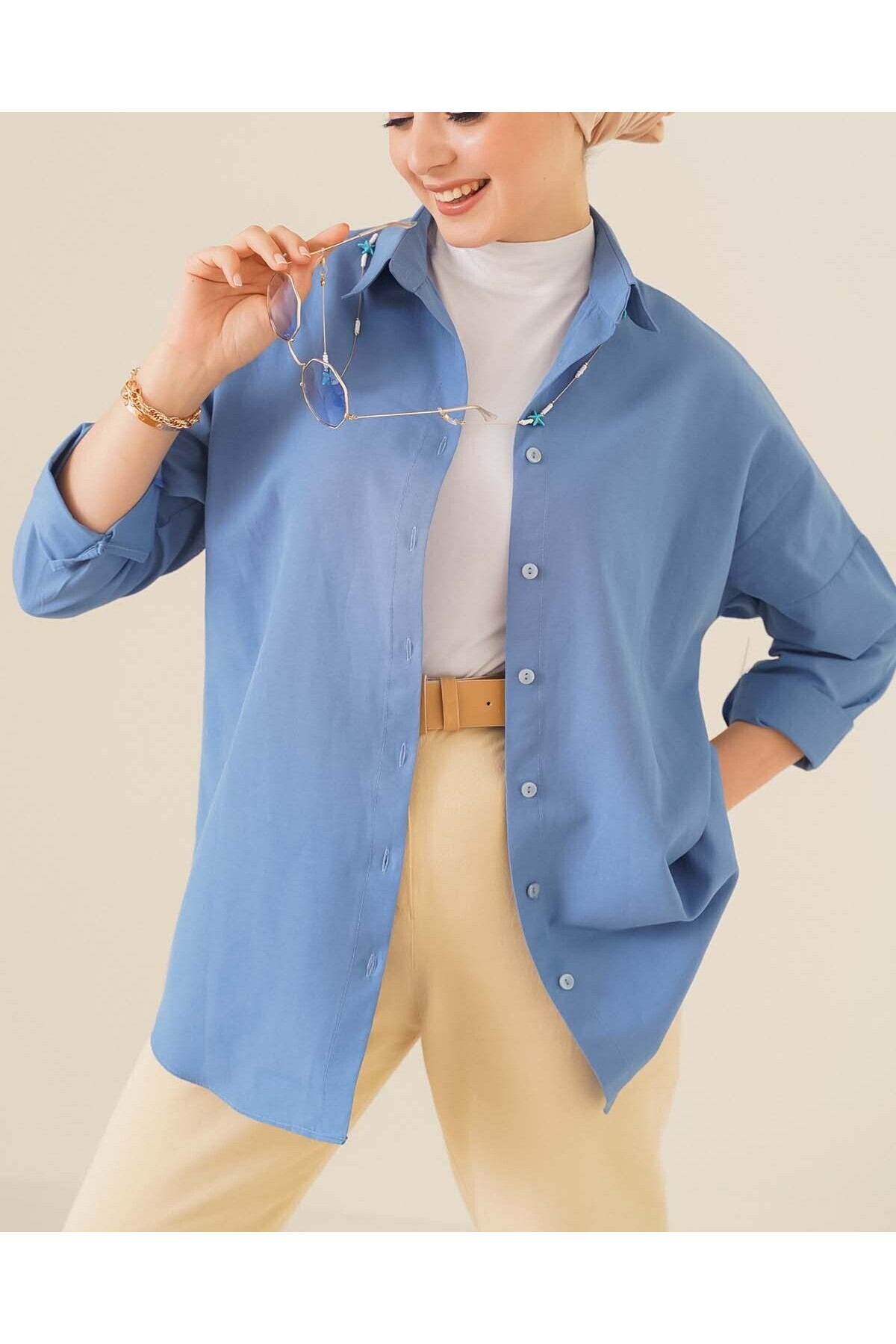 103901 Oversize Basic Tesettür Gömlek - İndigo