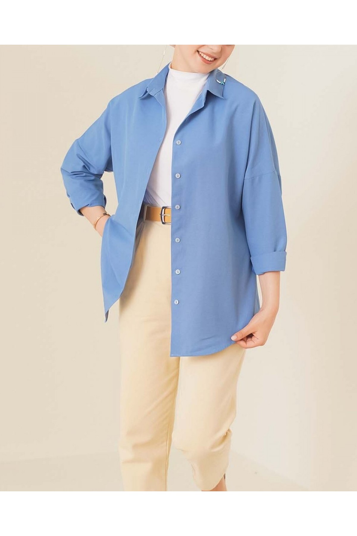 103901 Oversize Basic Tesettür Gömlek - İndigo