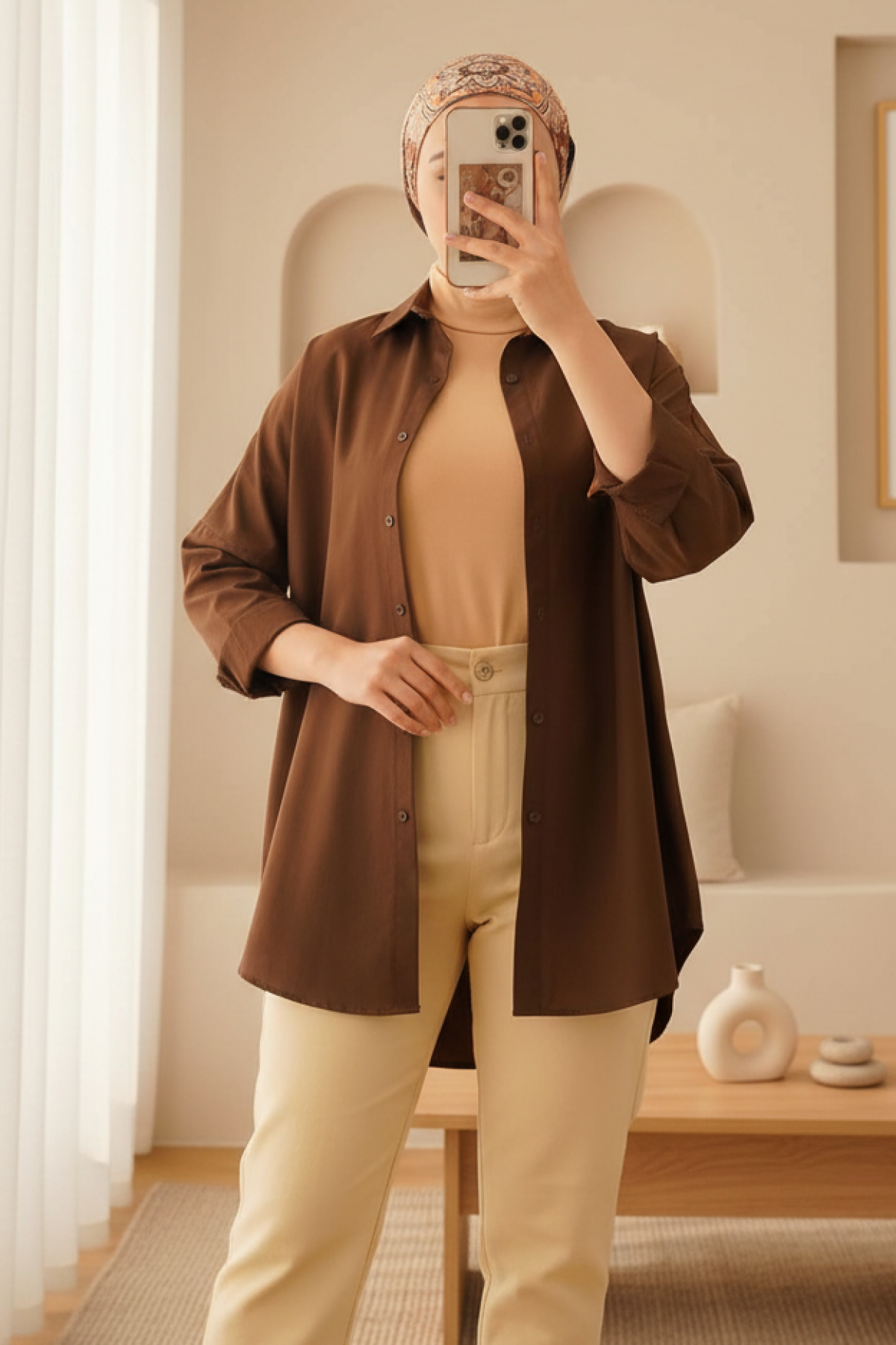103901 Oversize Basic Tesettür Gömlek - Kahverengi
