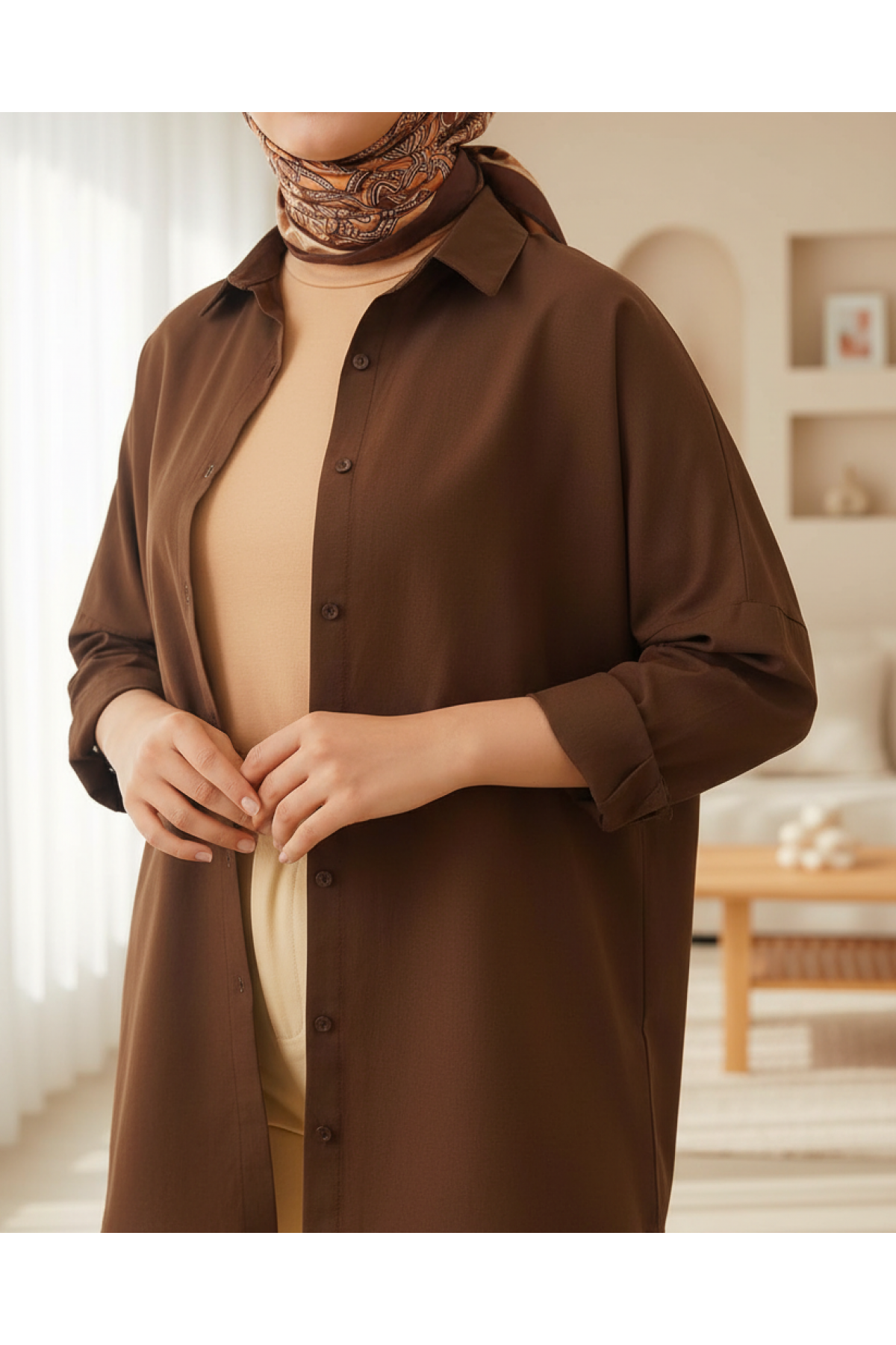103901 Oversize Basic Tesettür Gömlek - Kahverengi
