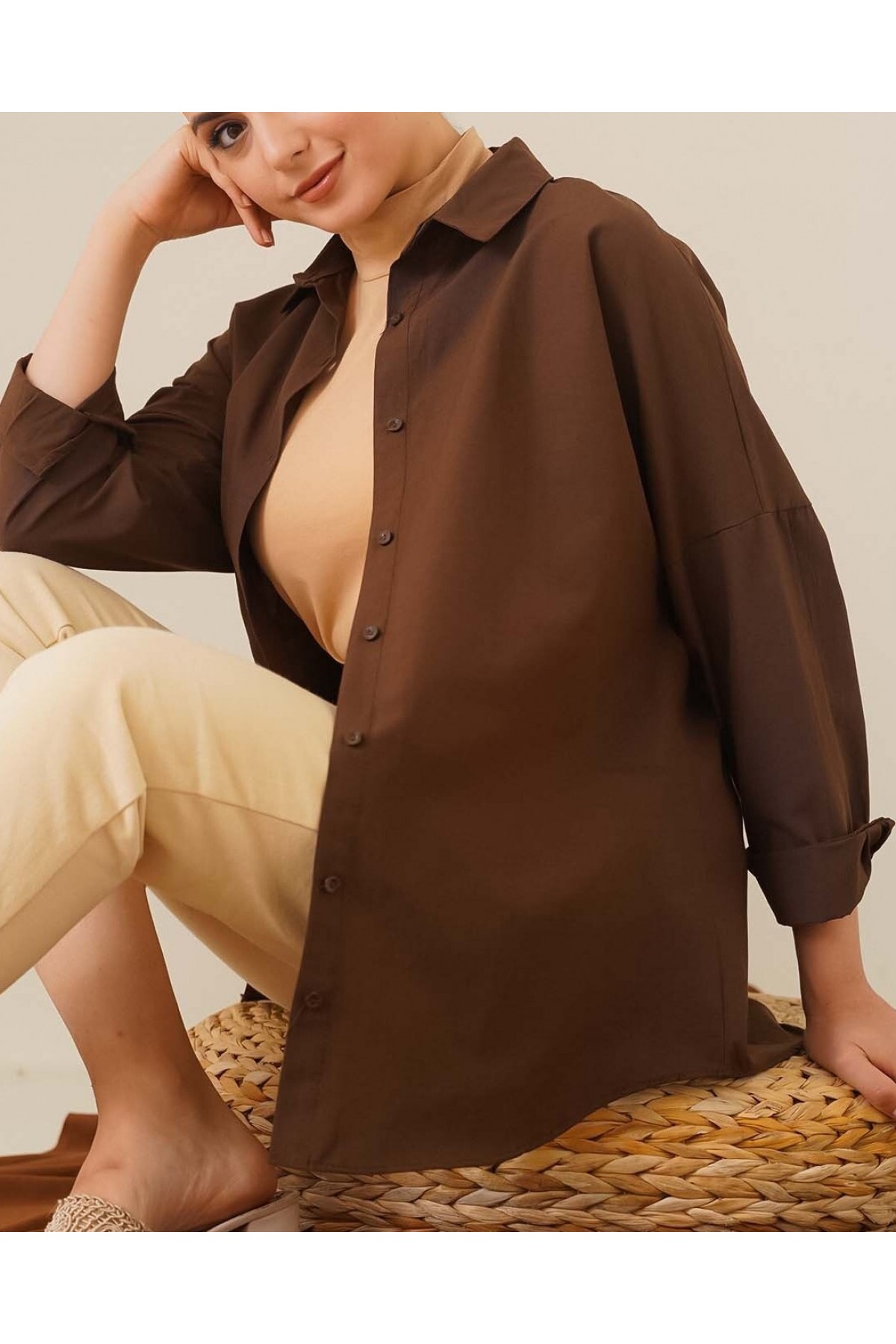 103901 Oversize Basic Tesettür Gömlek - Kahverengi