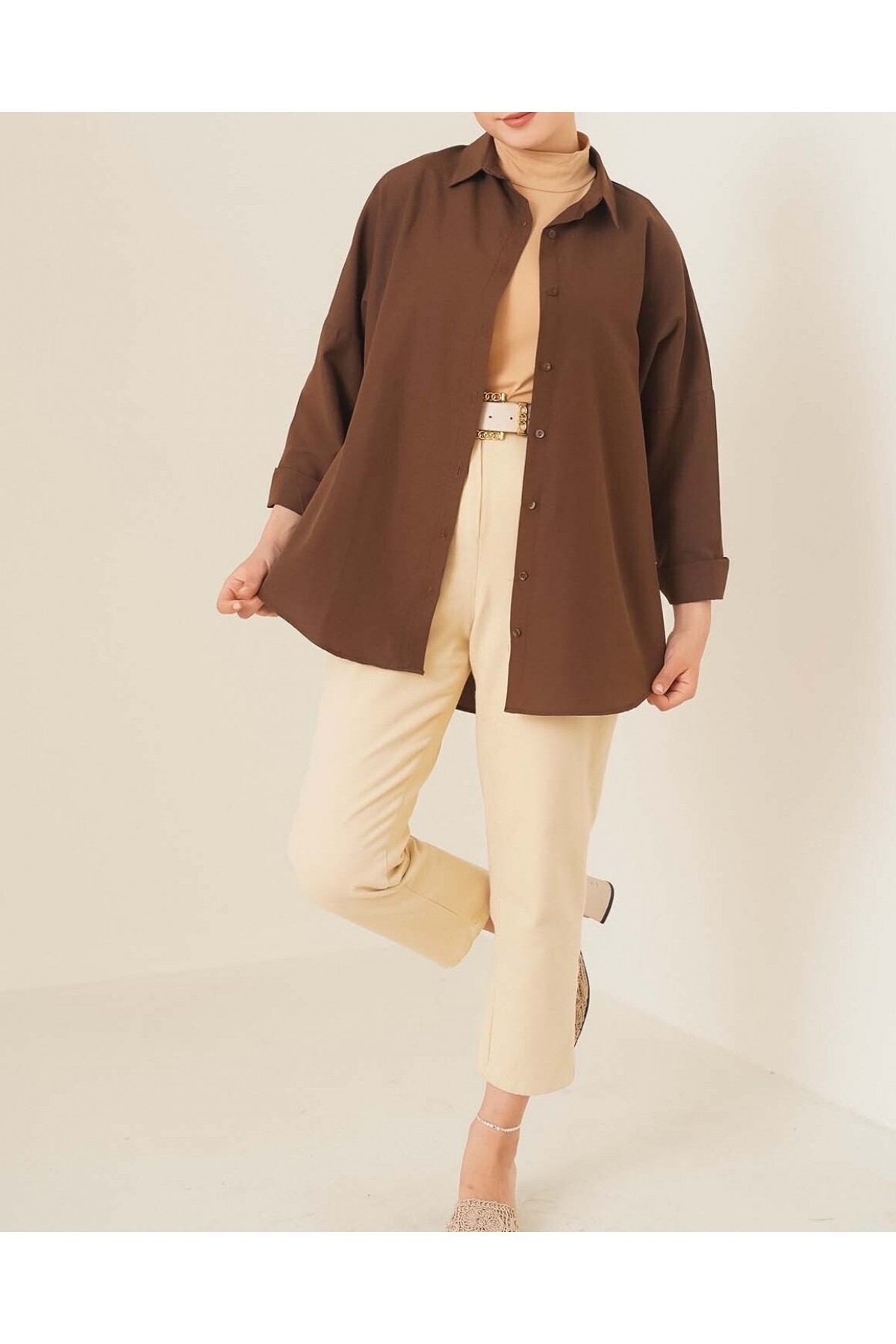 103901 Oversize Basic Tesettür Gömlek - Kahverengi