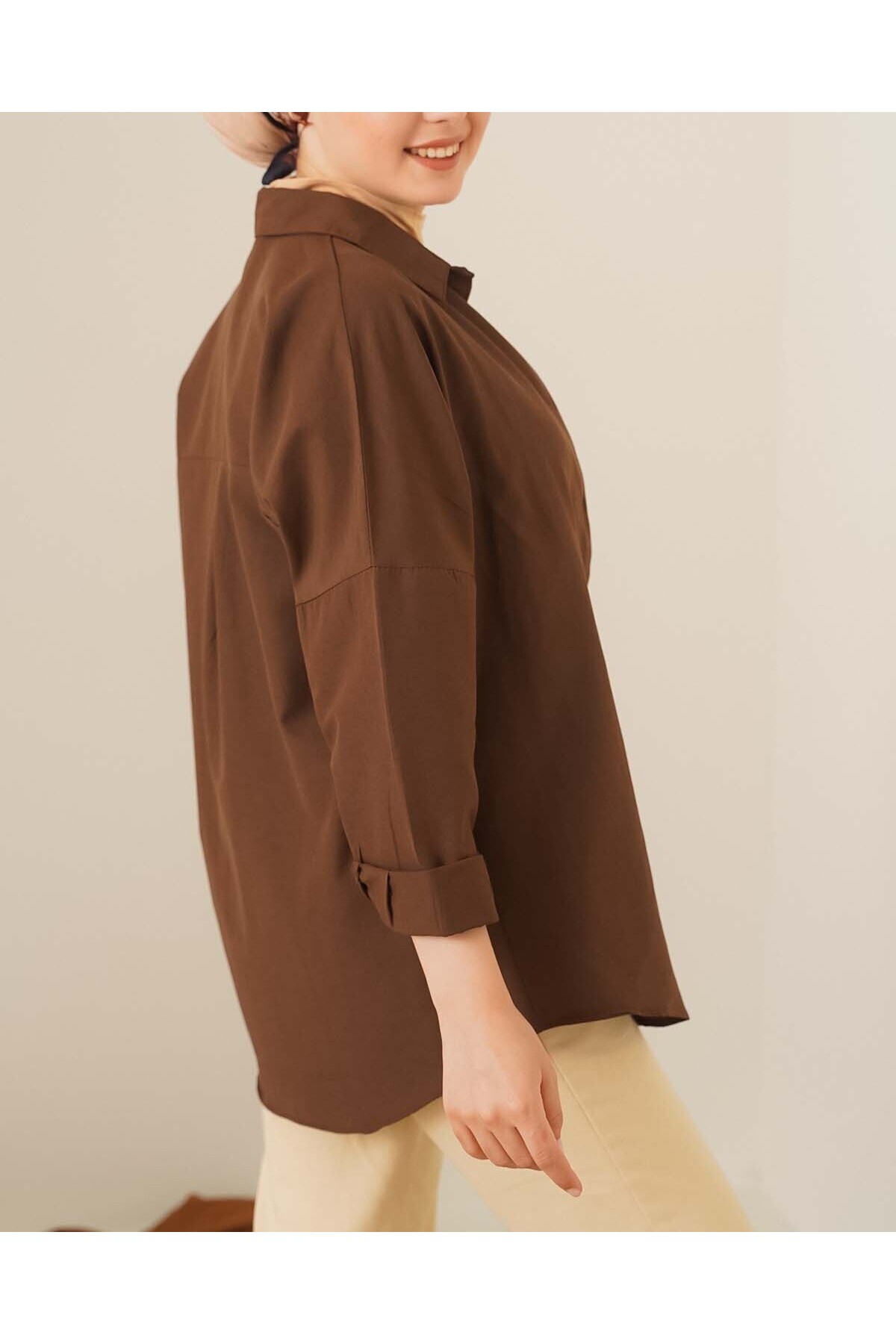 103901 Oversize Basic Tesettür Gömlek - Kahverengi