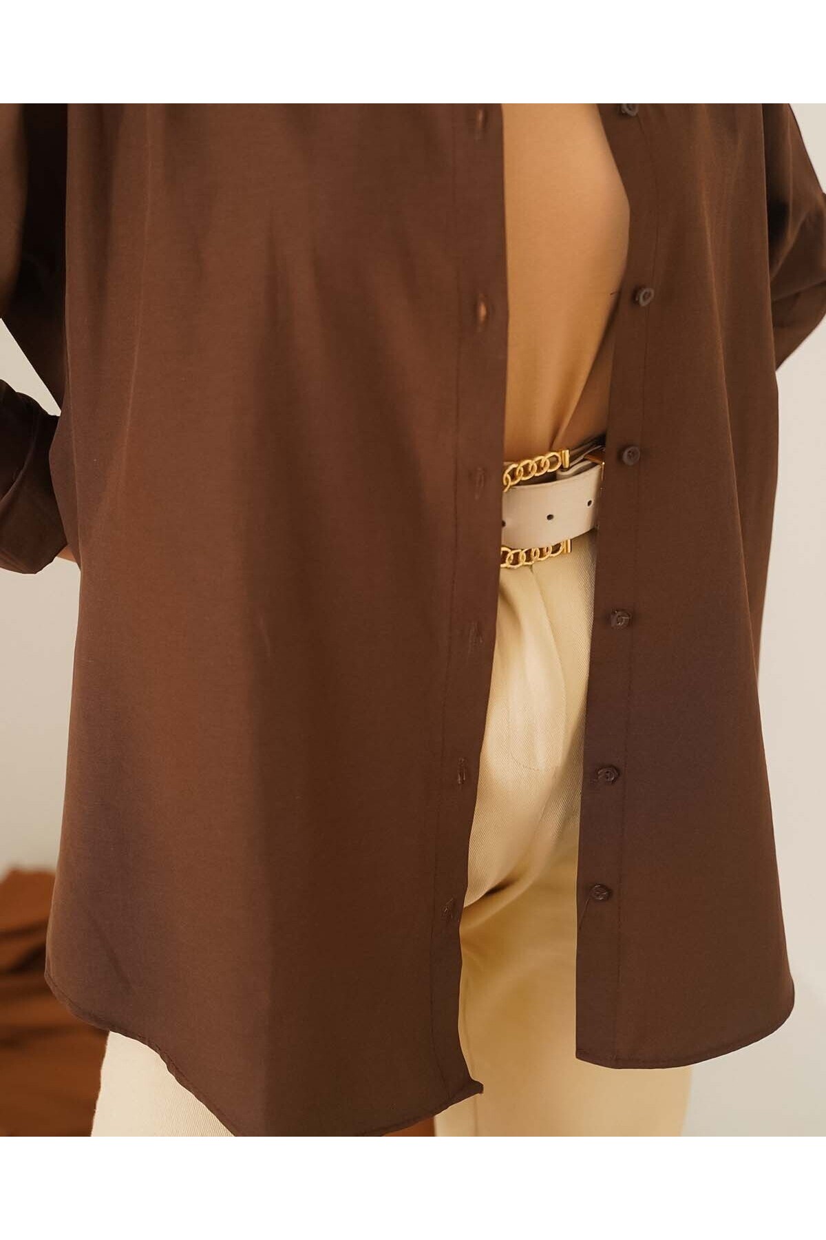 103901 Oversize Basic Tesettür Gömlek - Kahverengi