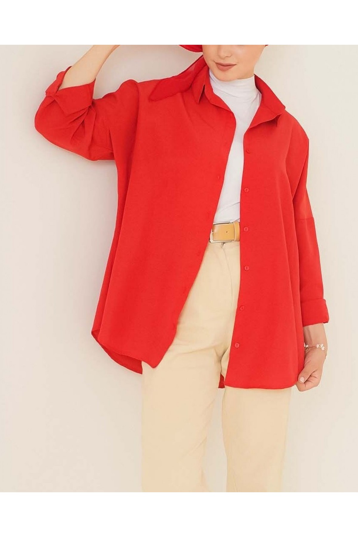 103901 Oversize Basic Tesettür Gömlek - Kırmızı