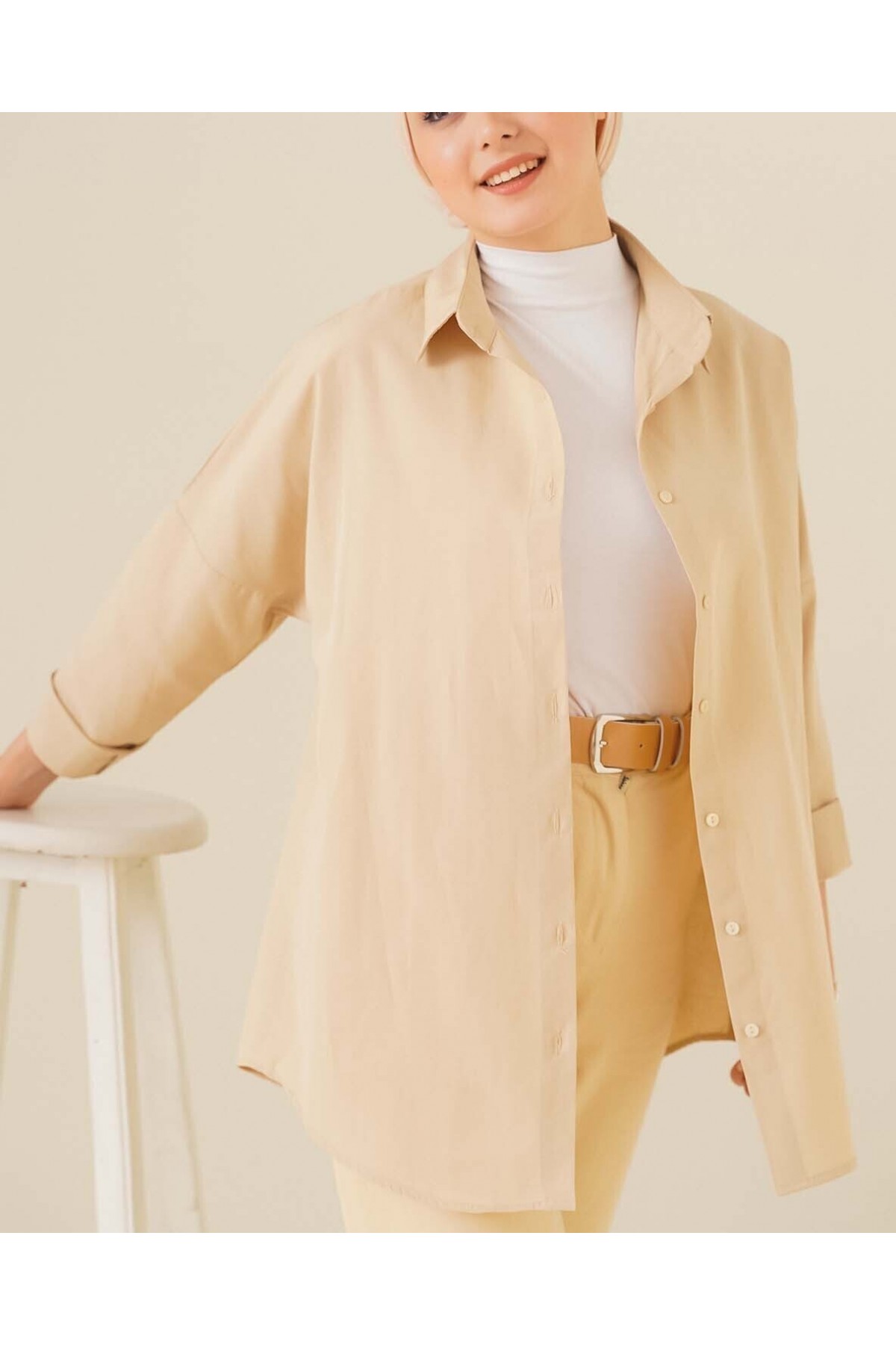 103901 Oversize Basic Tesettür Gömlek - Krem