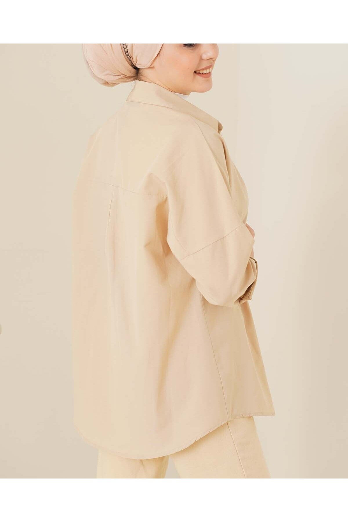 103901 Oversize Basic Tesettür Gömlek - Krem
