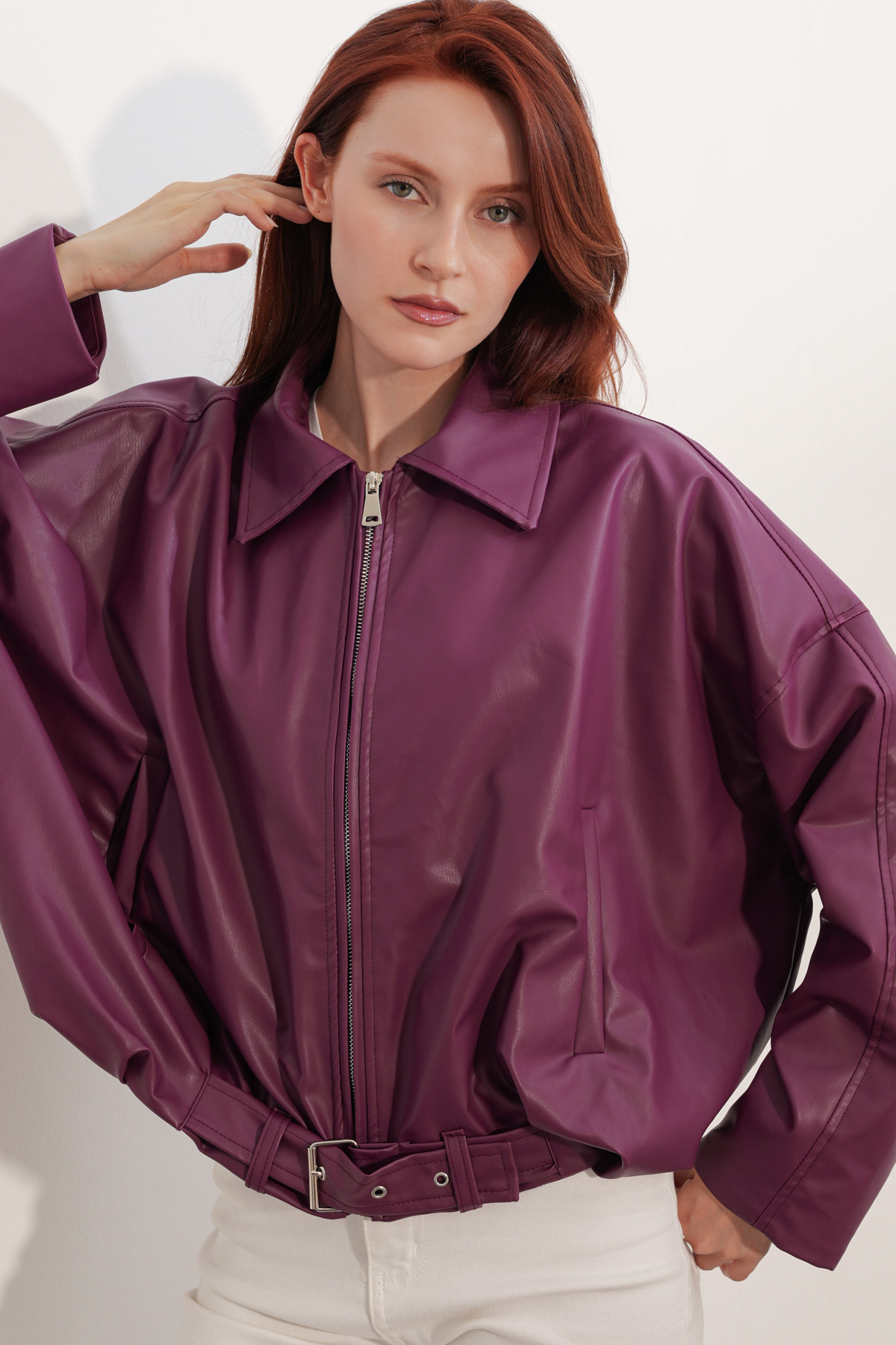 Women's Leather Jacket with Belt Detail 1056 