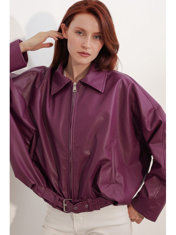 Women's Leather Jacket with Belt Detail 1056 