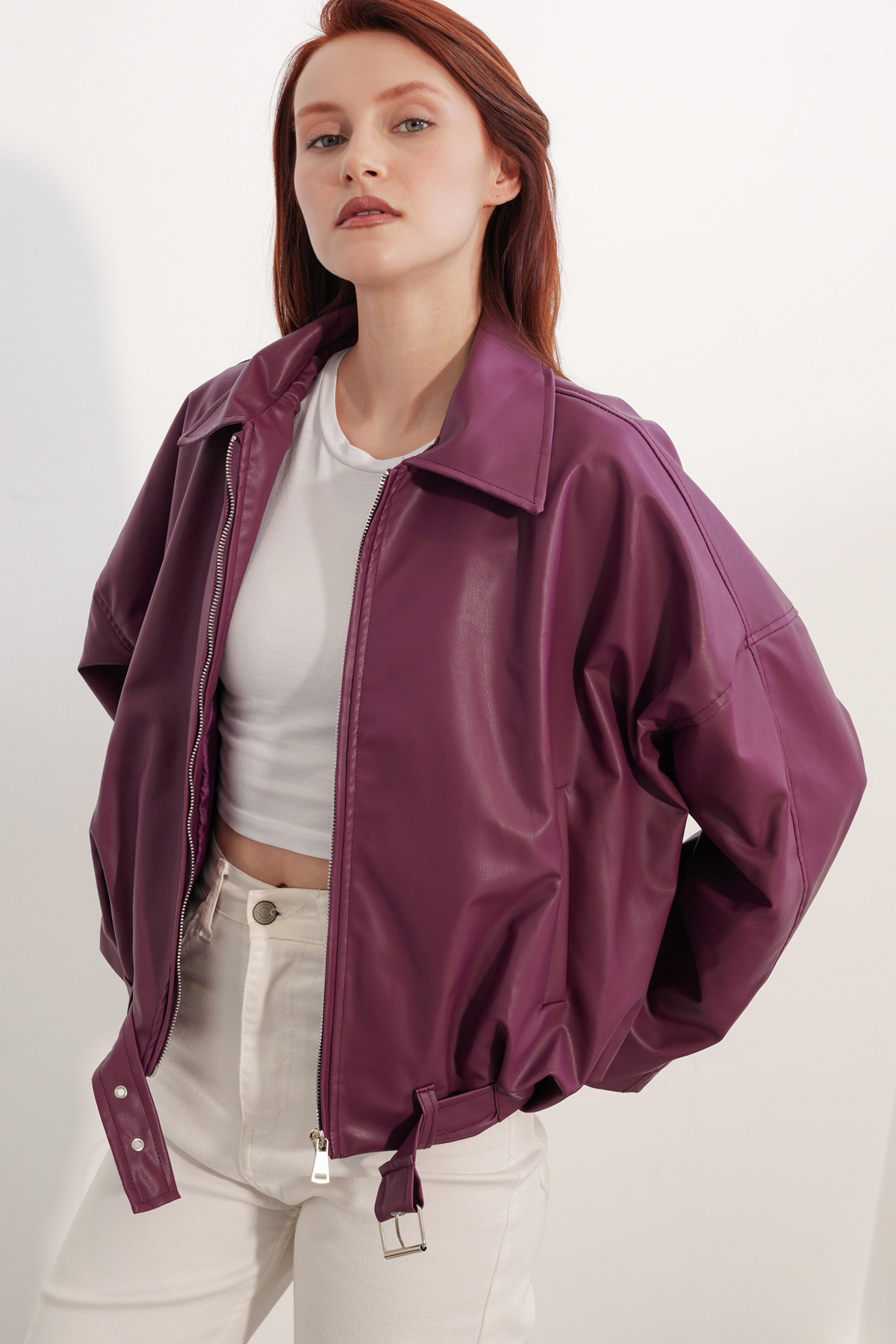 Women's Leather Jacket with Belt Detail 1056 