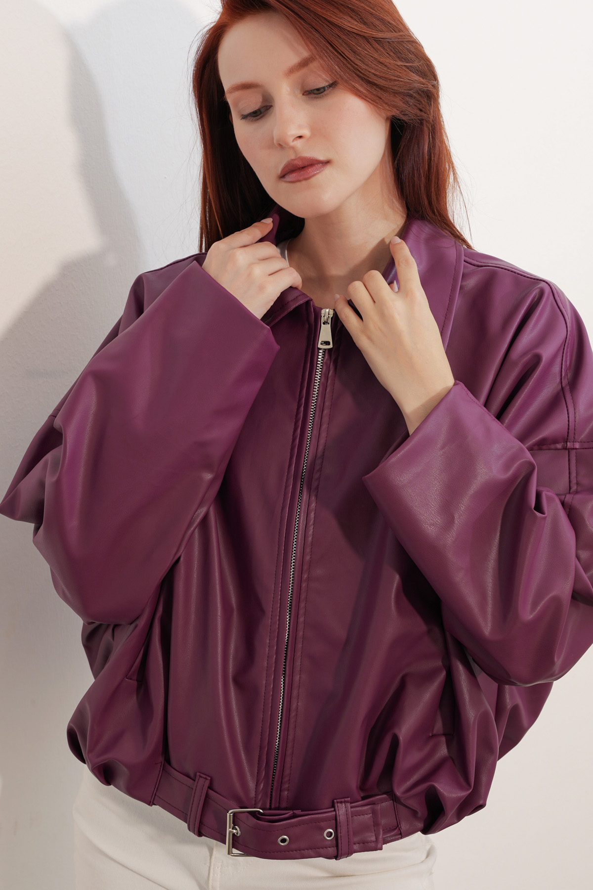 Women's Leather Jacket with Belt Detail 1056 