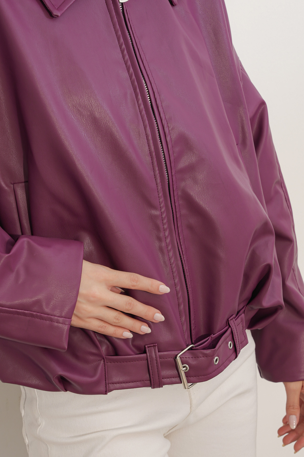 Women's Leather Jacket with Belt Detail 1056 