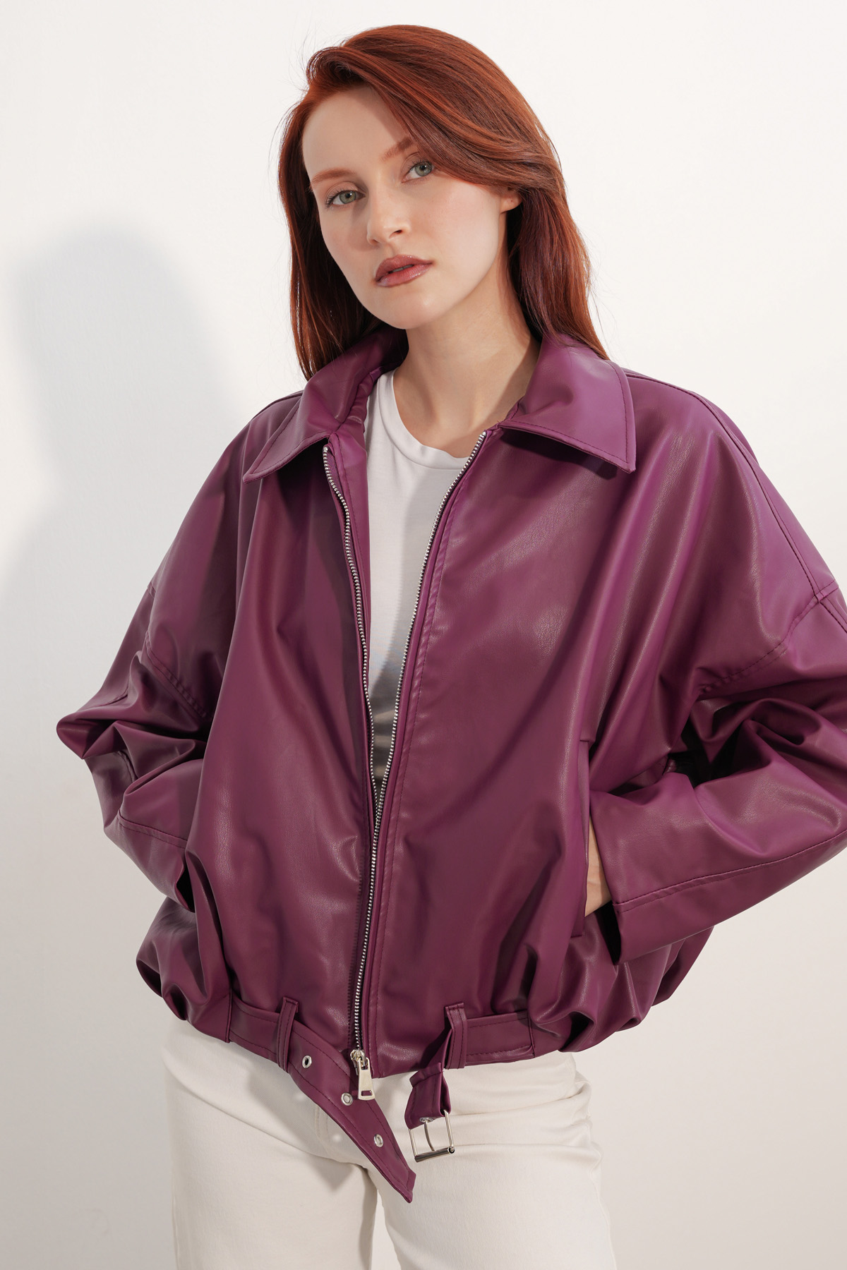 Women's Leather Jacket with Belt Detail 1056 