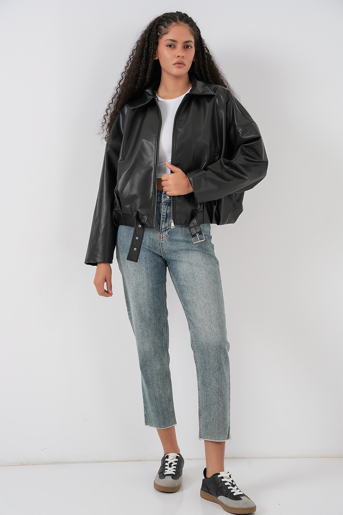 Women's Leather Jacket with Belt Detail 1056 