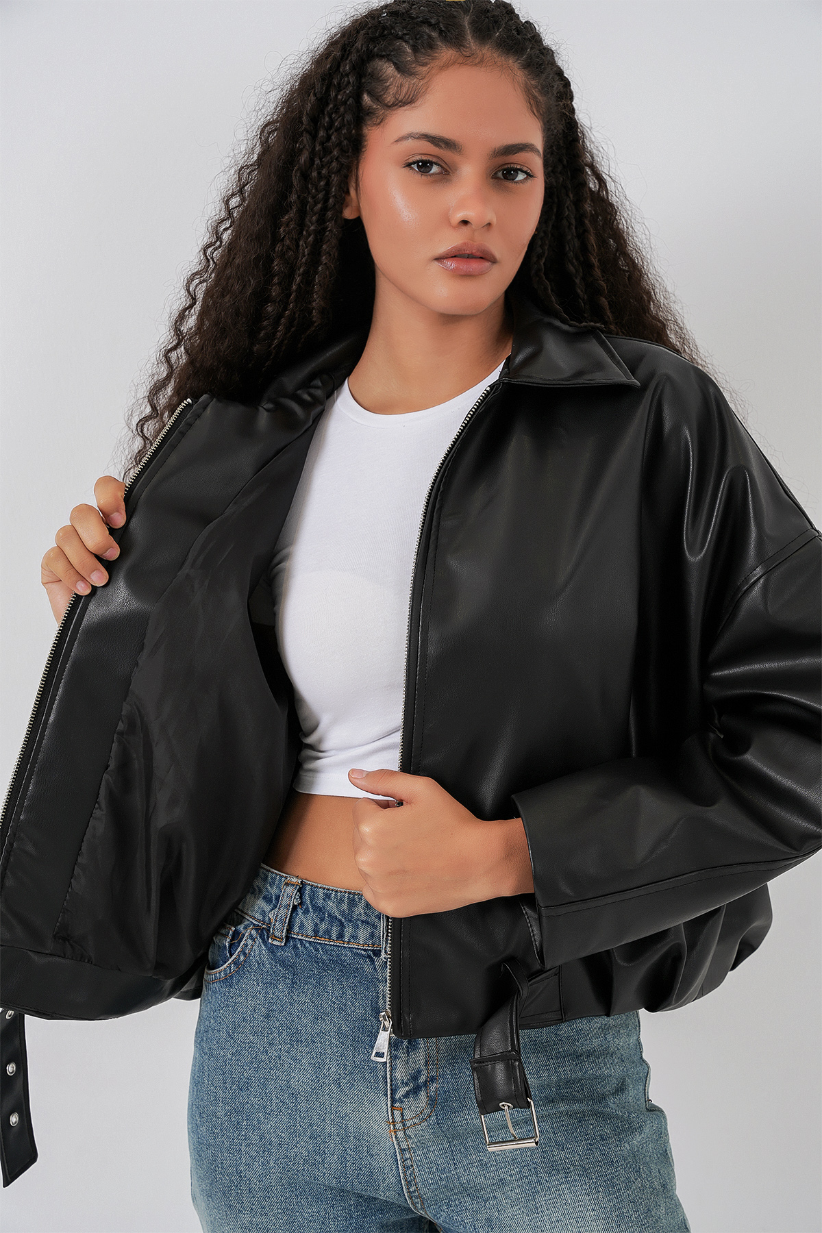 Women's Leather Jacket with Belt Detail 1056 