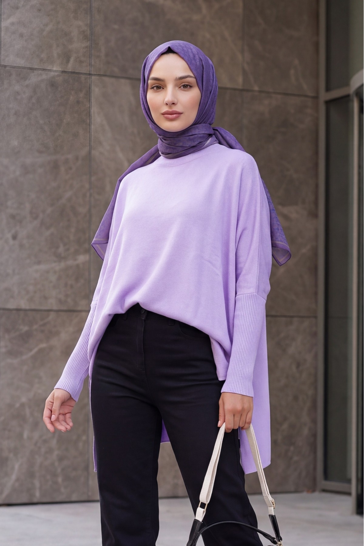 15783 Yırtmaçlı Panço Kazak - Lila