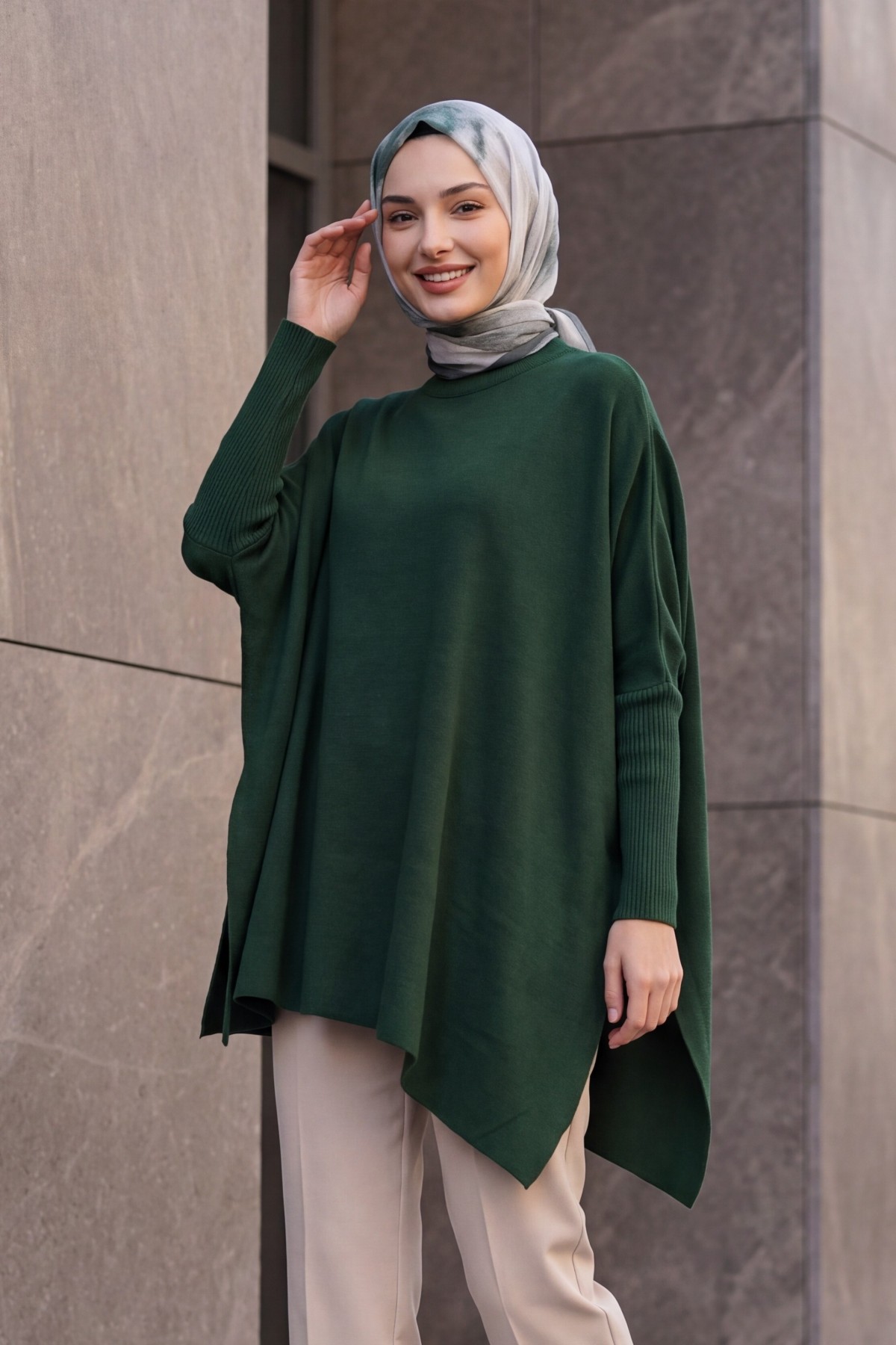 15783 Yırtmaçlı Panço Kazak - Zümrüt Yeşili
