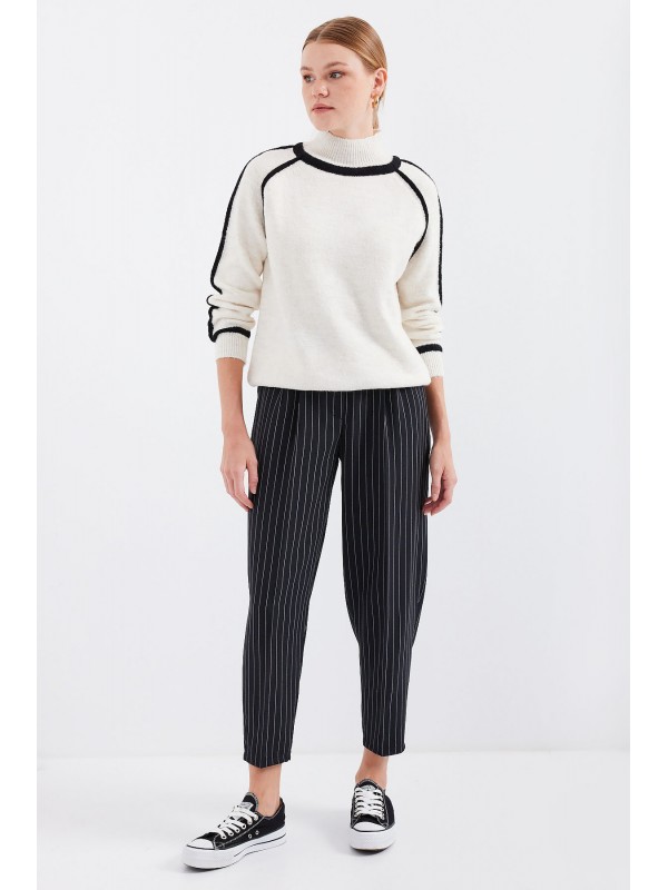 15879 Çizgili Oversize Triko Kazak - Ekru