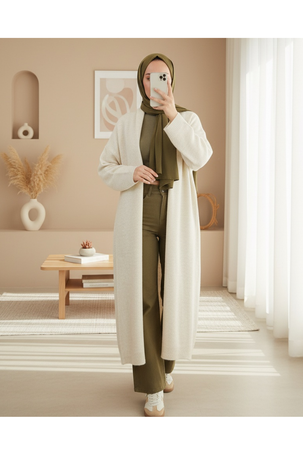 Kadın Uzun Oversize Triko Hırka 15924 - Ekru