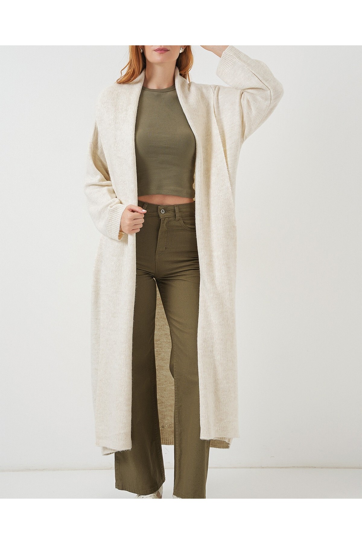 Kadın Uzun Oversize Triko Hırka 15924 - Ekru