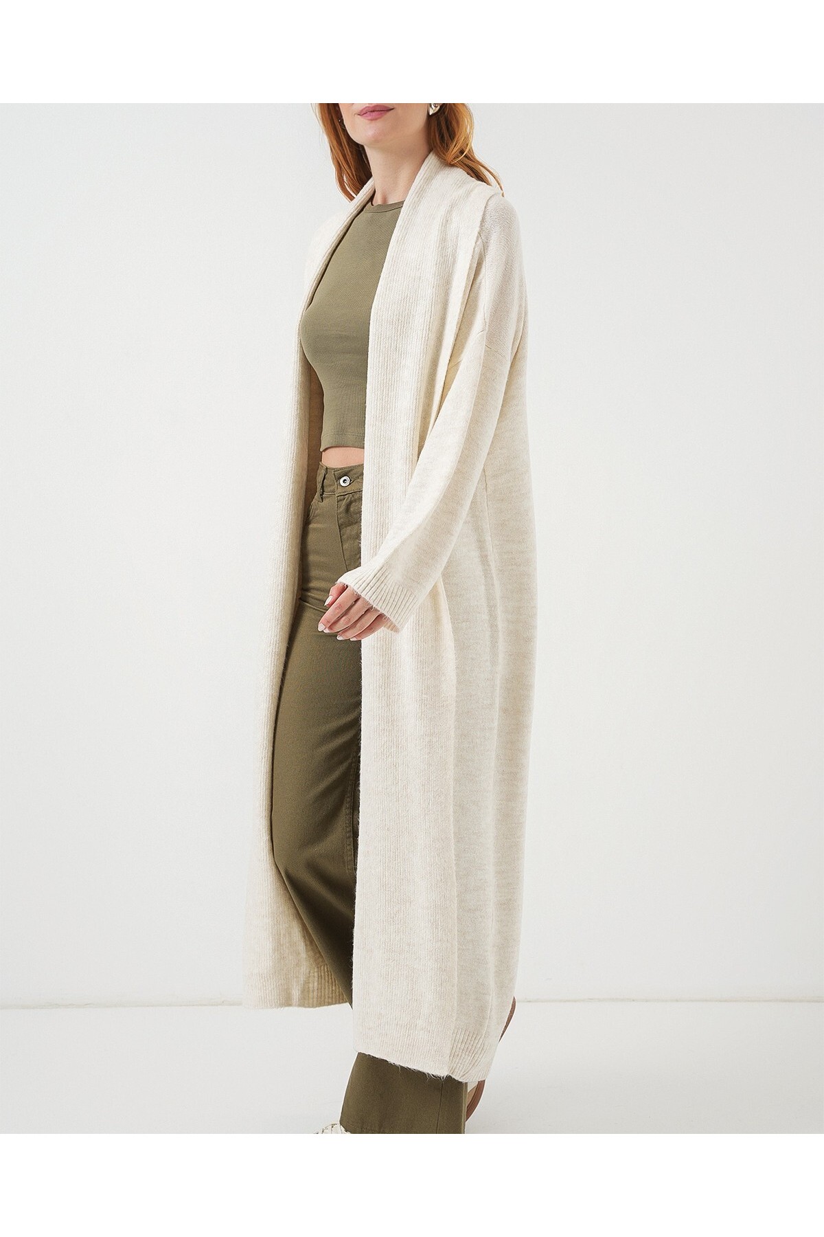 Kadın Uzun Oversize Triko Hırka 15924 - Ekru