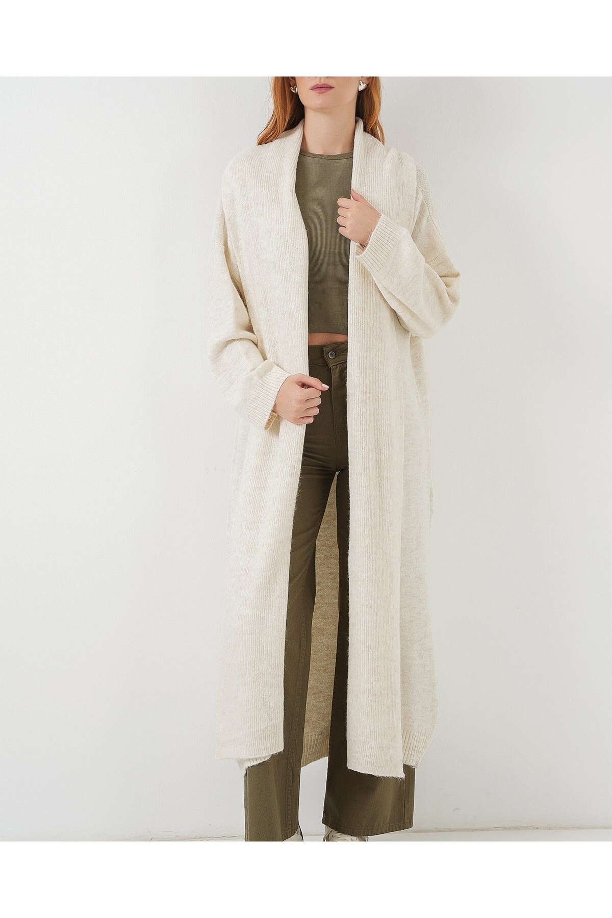 Kadın Uzun Oversize Triko Hırka 15924 - Ekru