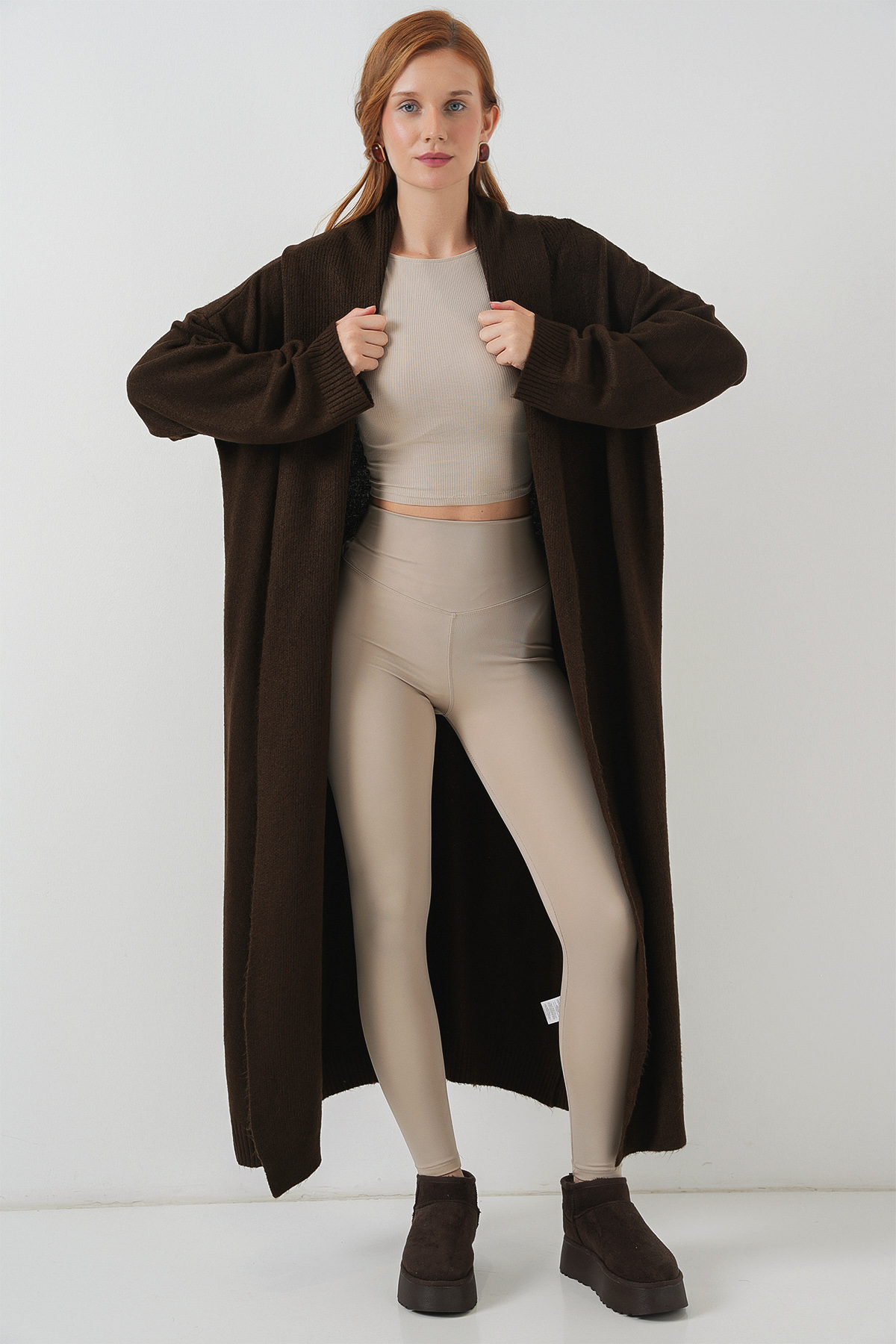 Kadın Uzun Oversize Triko Hırka 15924 - Kahverengi